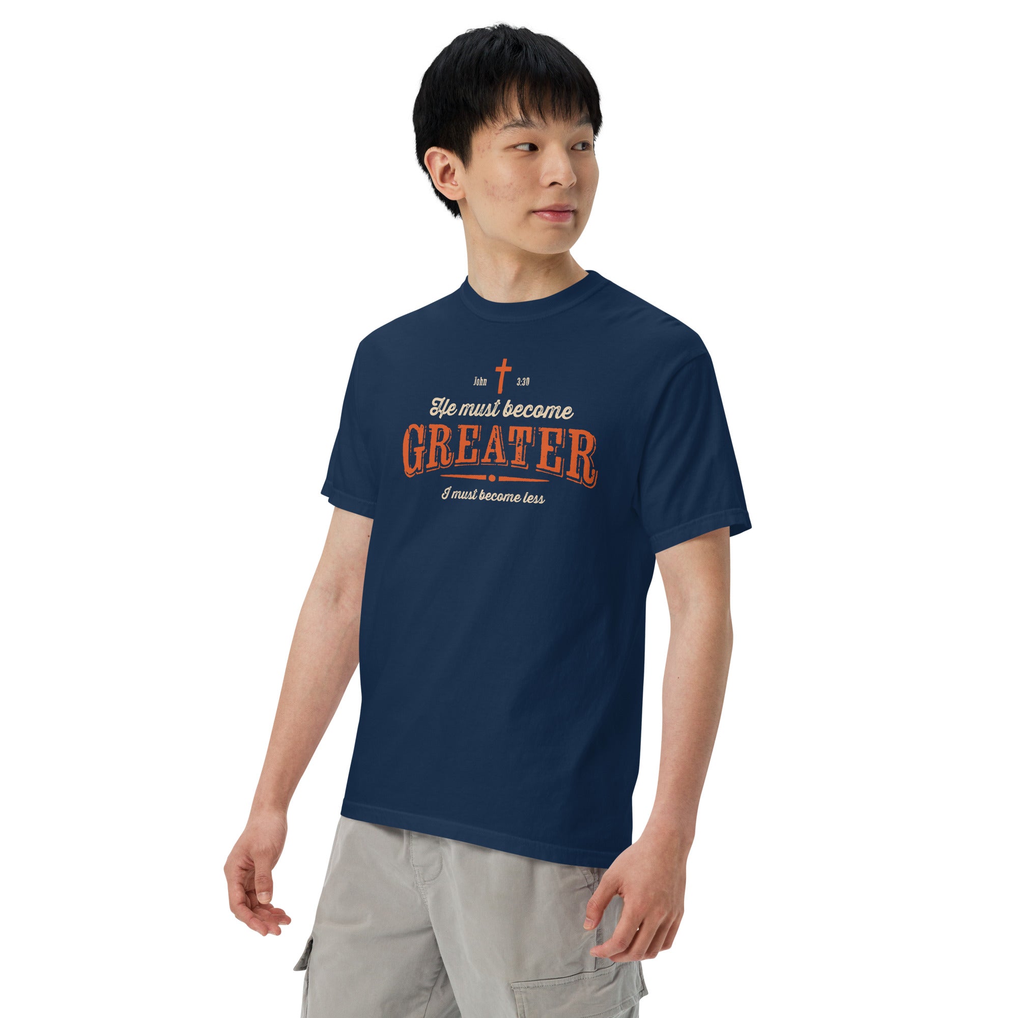 Image of He Must Become Greater Christian apparel navy left front view — Entrusted to Him
