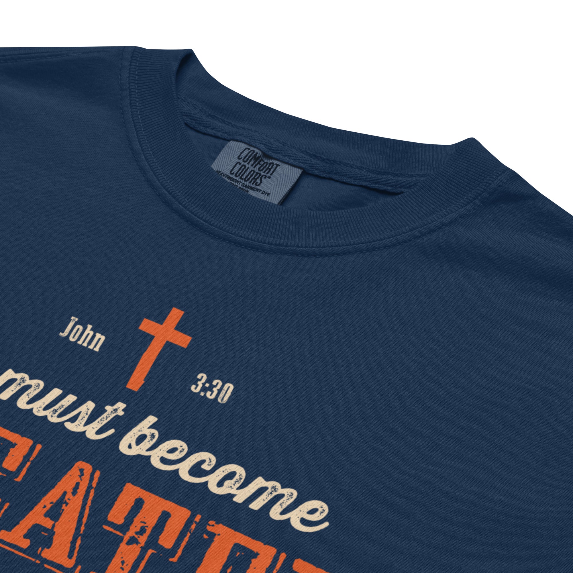 Image of He Must Become Greater Christian t-shirt navy close-up detail — Entrusted to Him