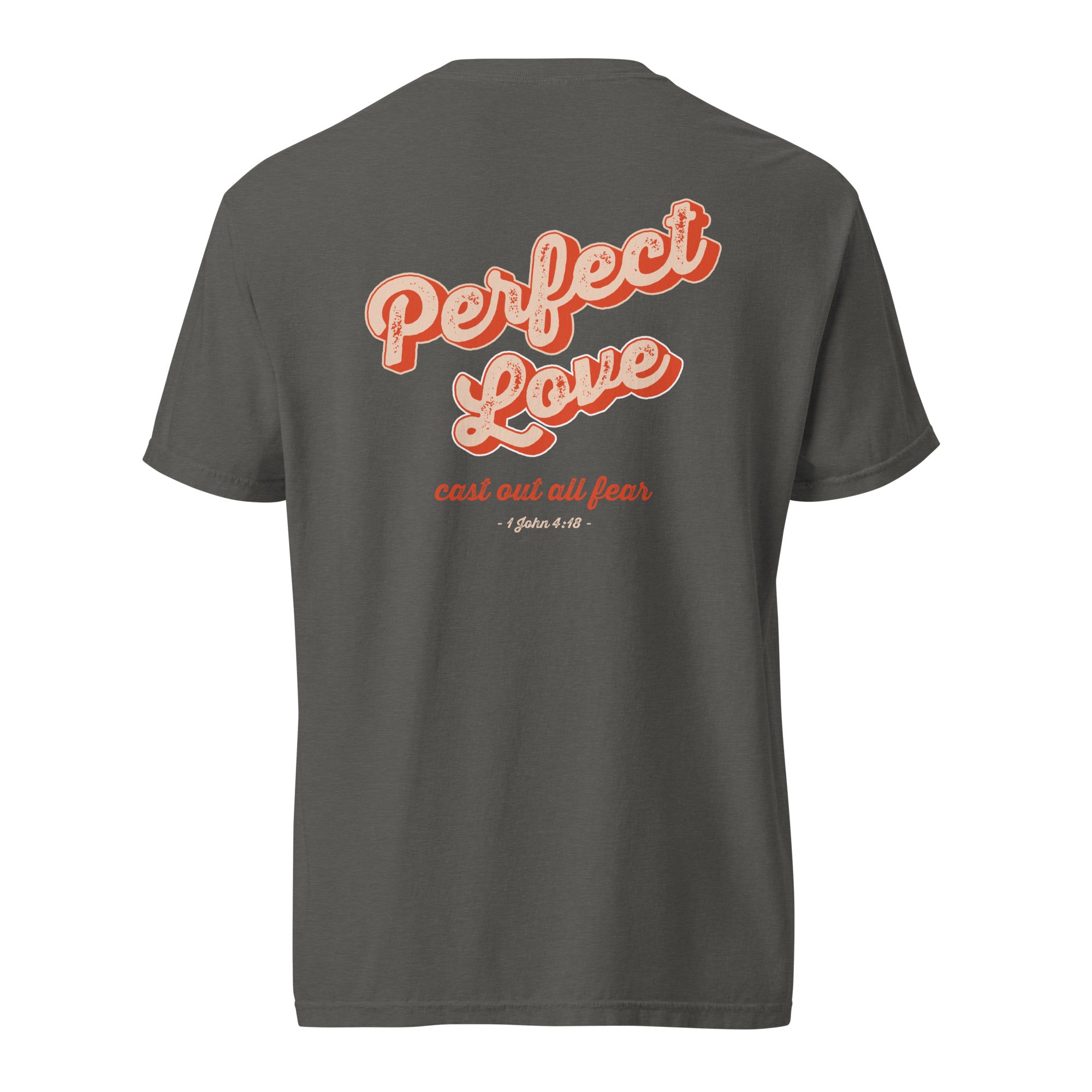Image of Perfect Love Jesus shirt pepper back flat view — Entrusted to Him