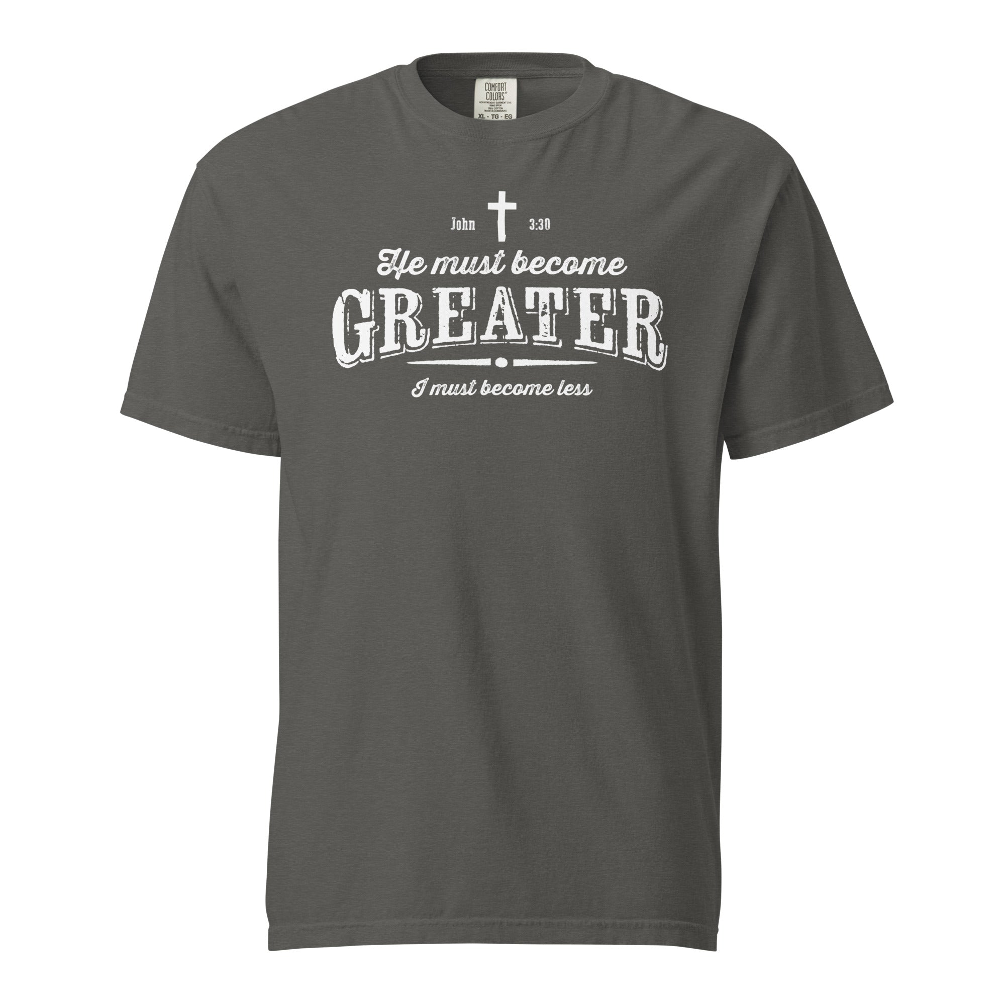 Image of He Must Become Greater Jesus shirt pepper front view — Entrusted to Him