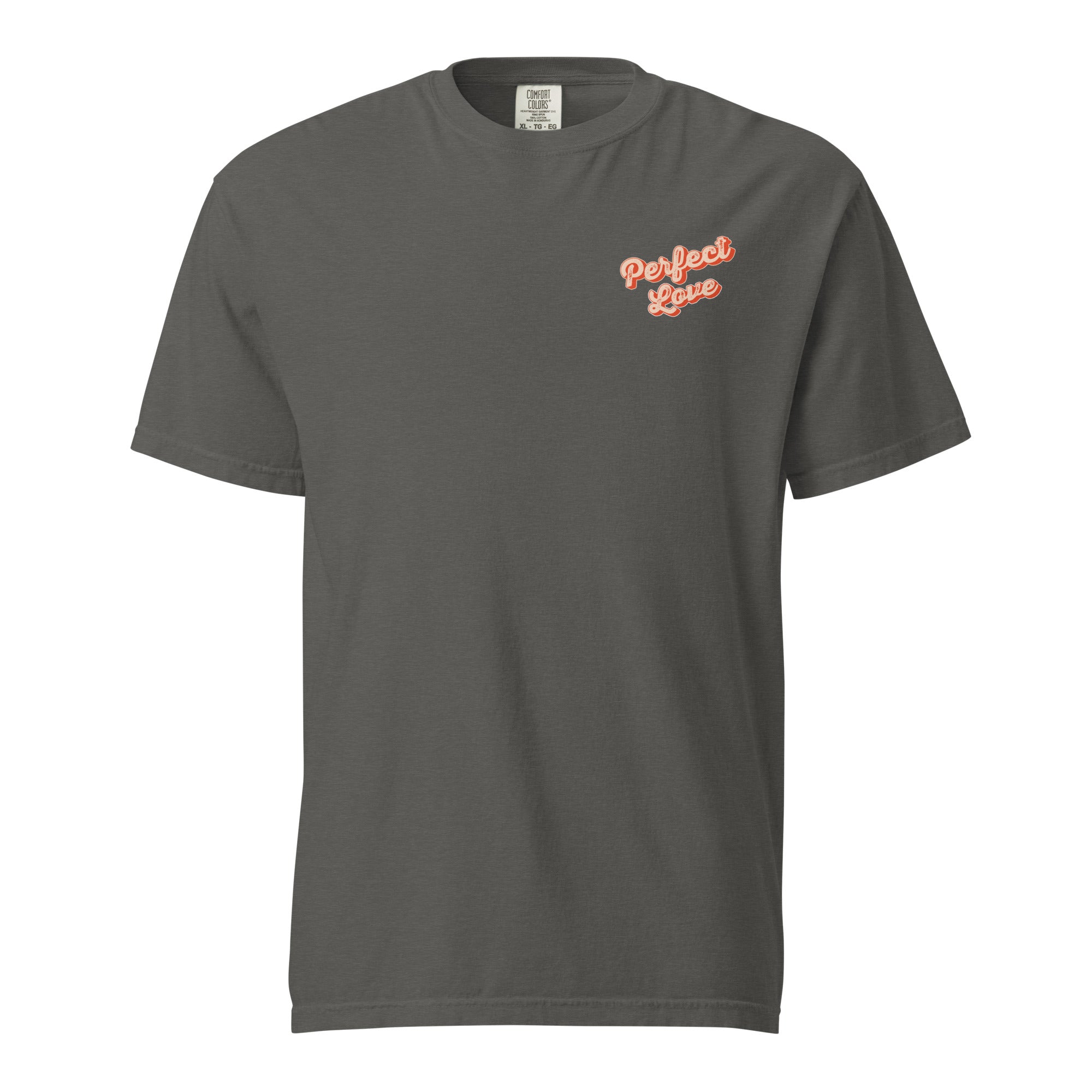 Image of Perfect Love Christian t-shirt pepper front alternate view — Entrusted to Him