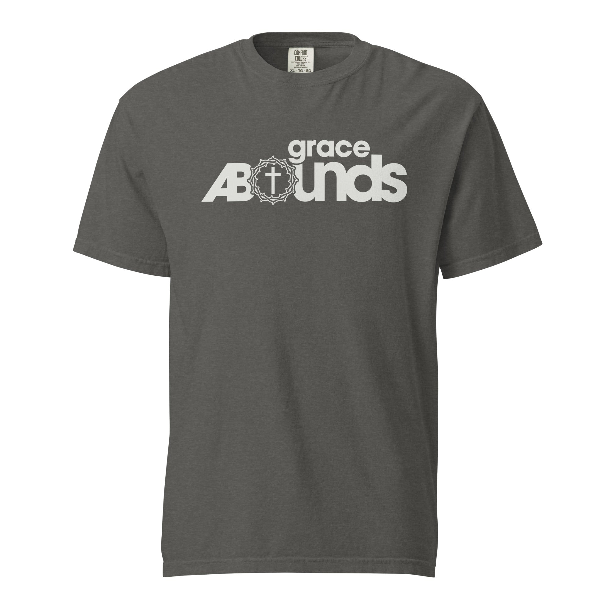 Image of Grace Abounds Jesus shirt Christian apparel pepper front view — Entrusted to Him