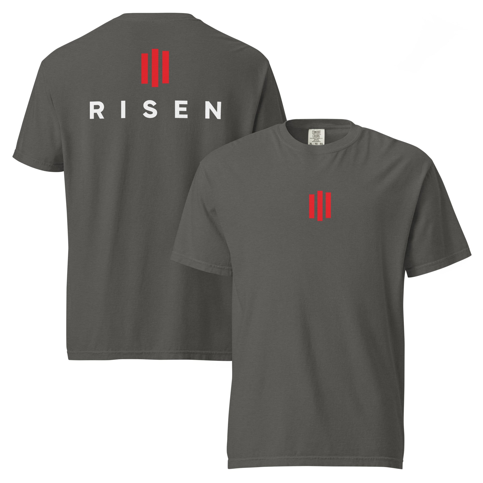 Image of Risen Christian apparel pepper front and back view — Entrusted to Him