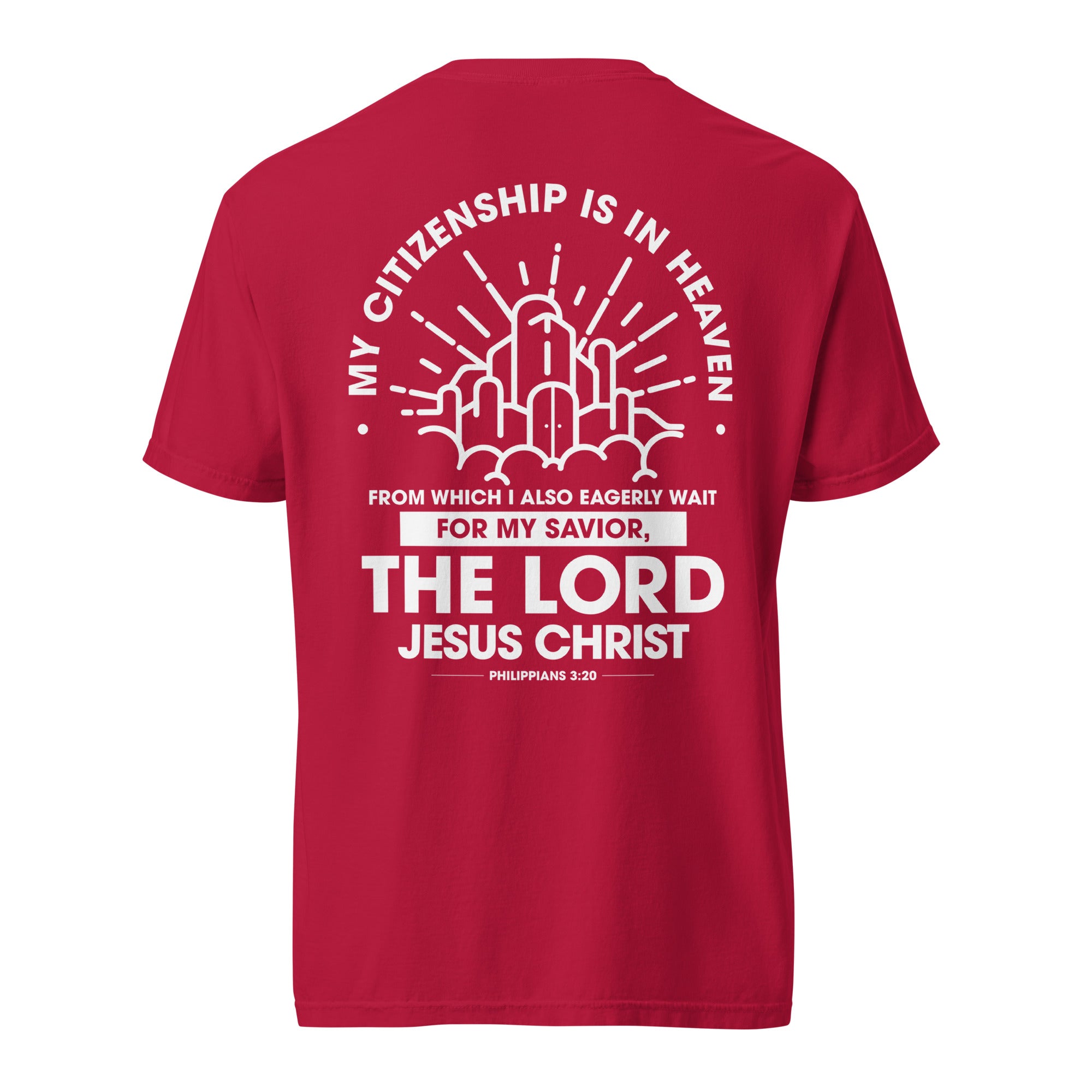 Image of Citizen of Heaven Bible verse shirt red back view — Entrusted to Him