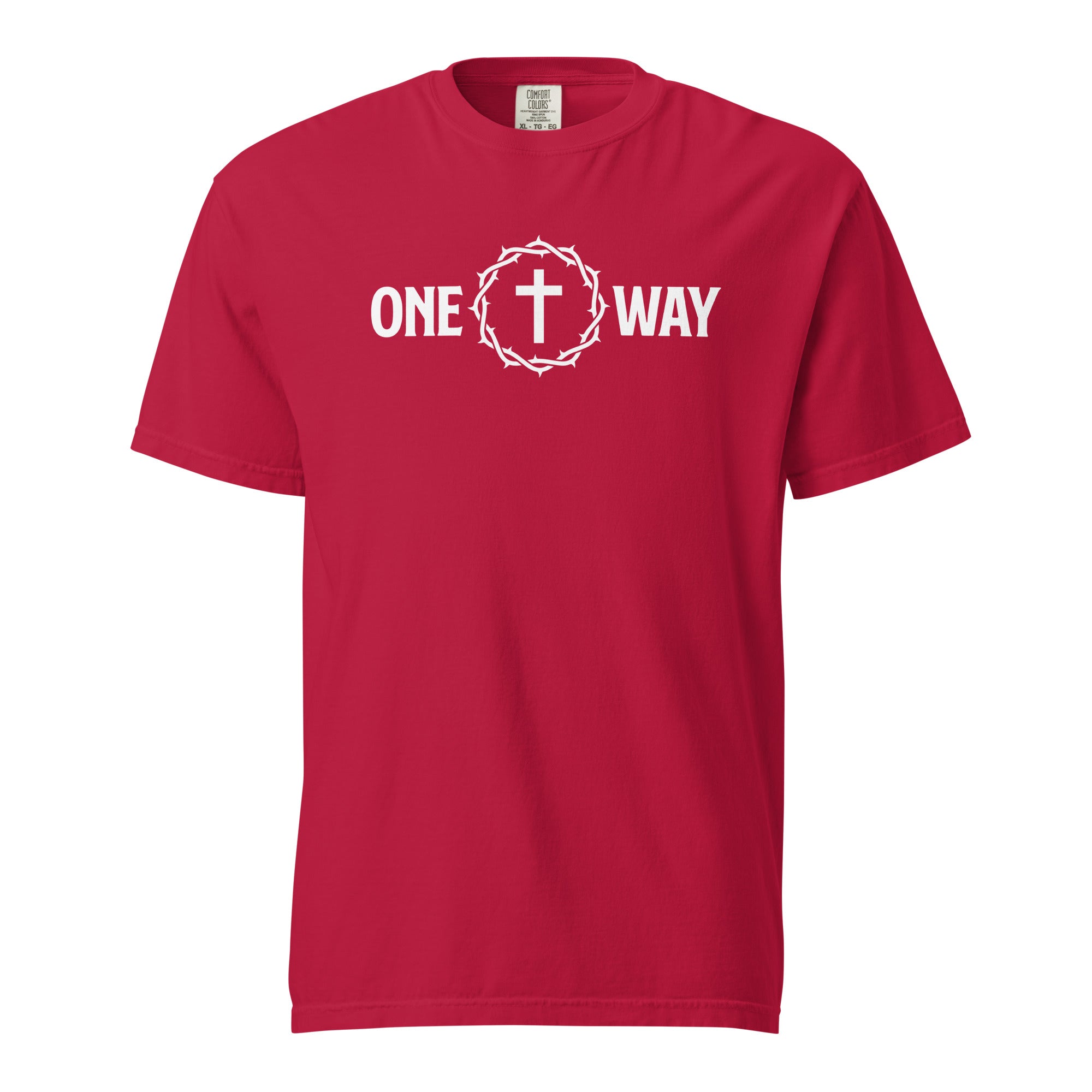Image of One Way Christian t-shirt red front view — Entrusted to Him