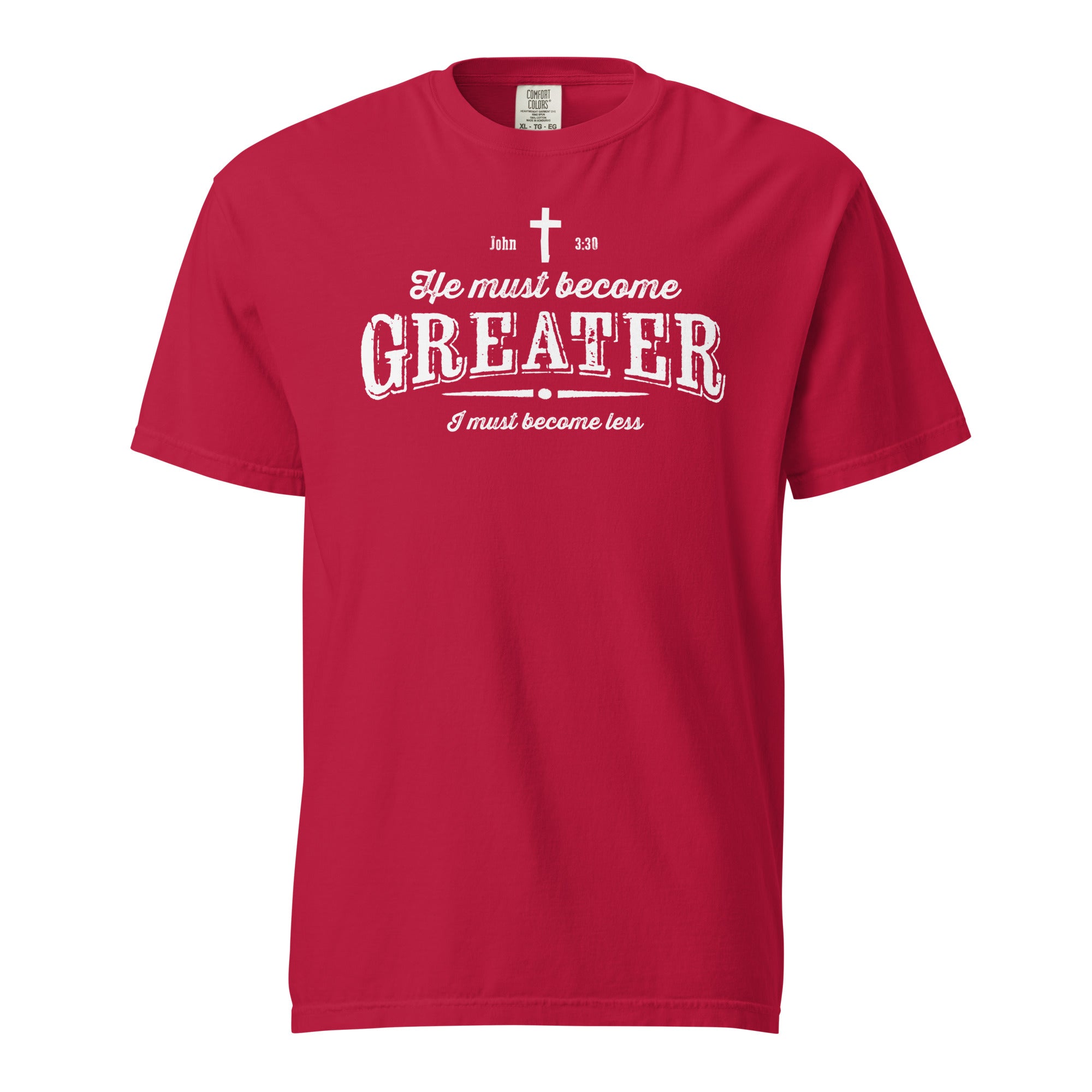 Image of He Must Become Greater Jesus shirt red front view — Entrusted to Him