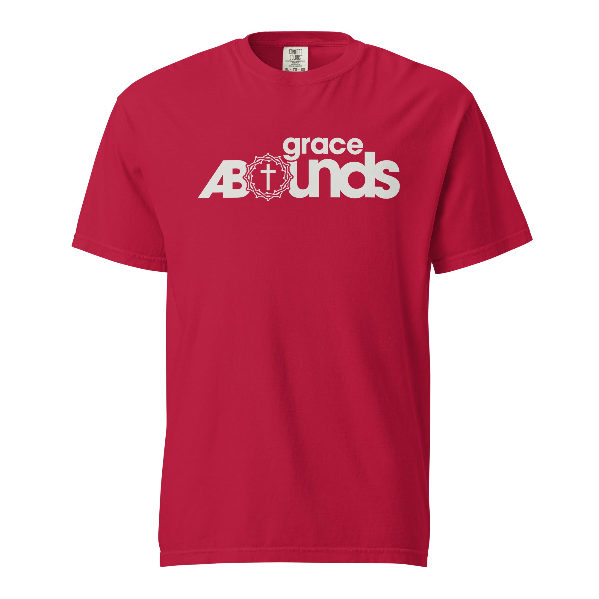 Image of Grace Abounds Christian t-shirt red front view — Entrusted to Him