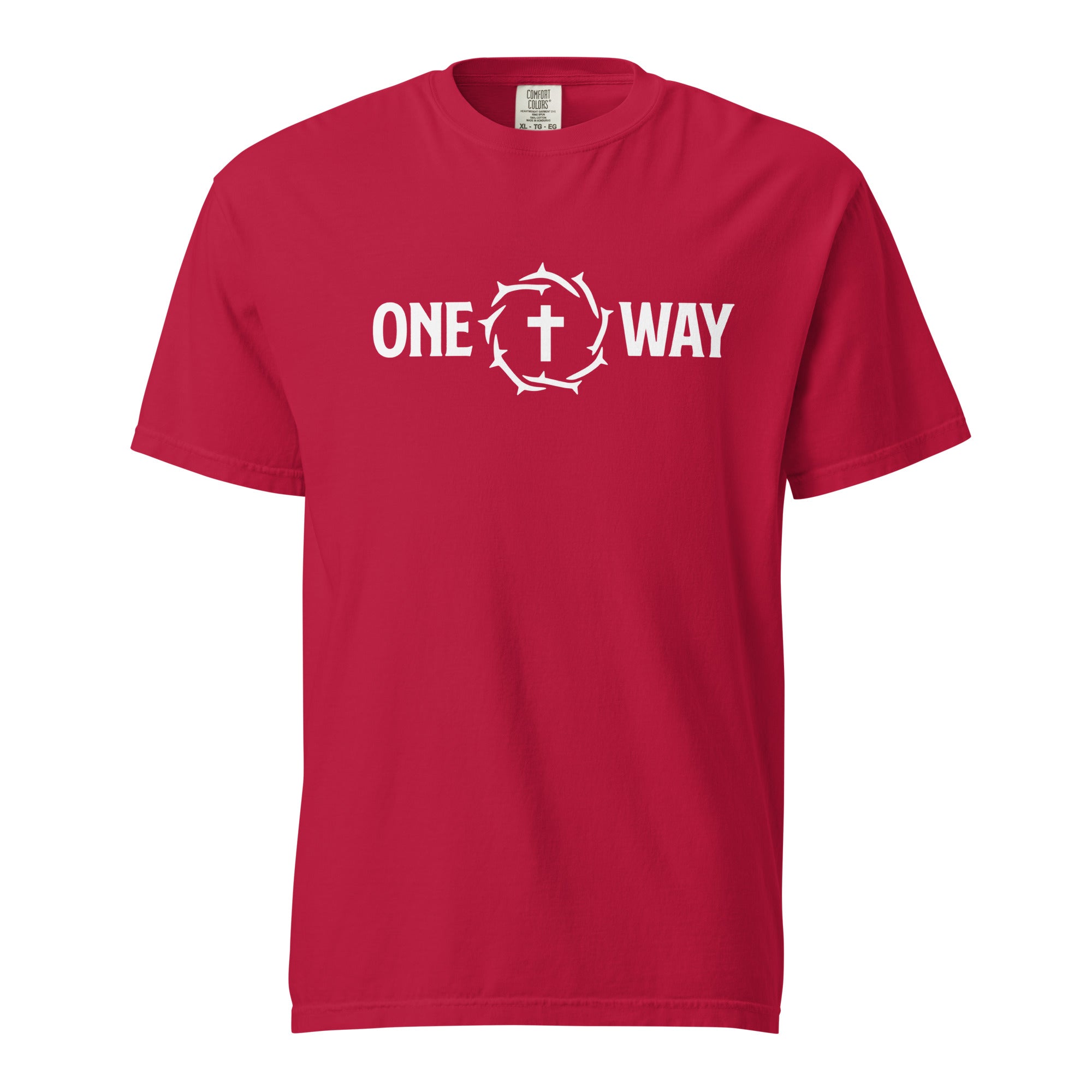 Image of One Way heavyweight t-shirt in red with cross and crown of thorns design, front view