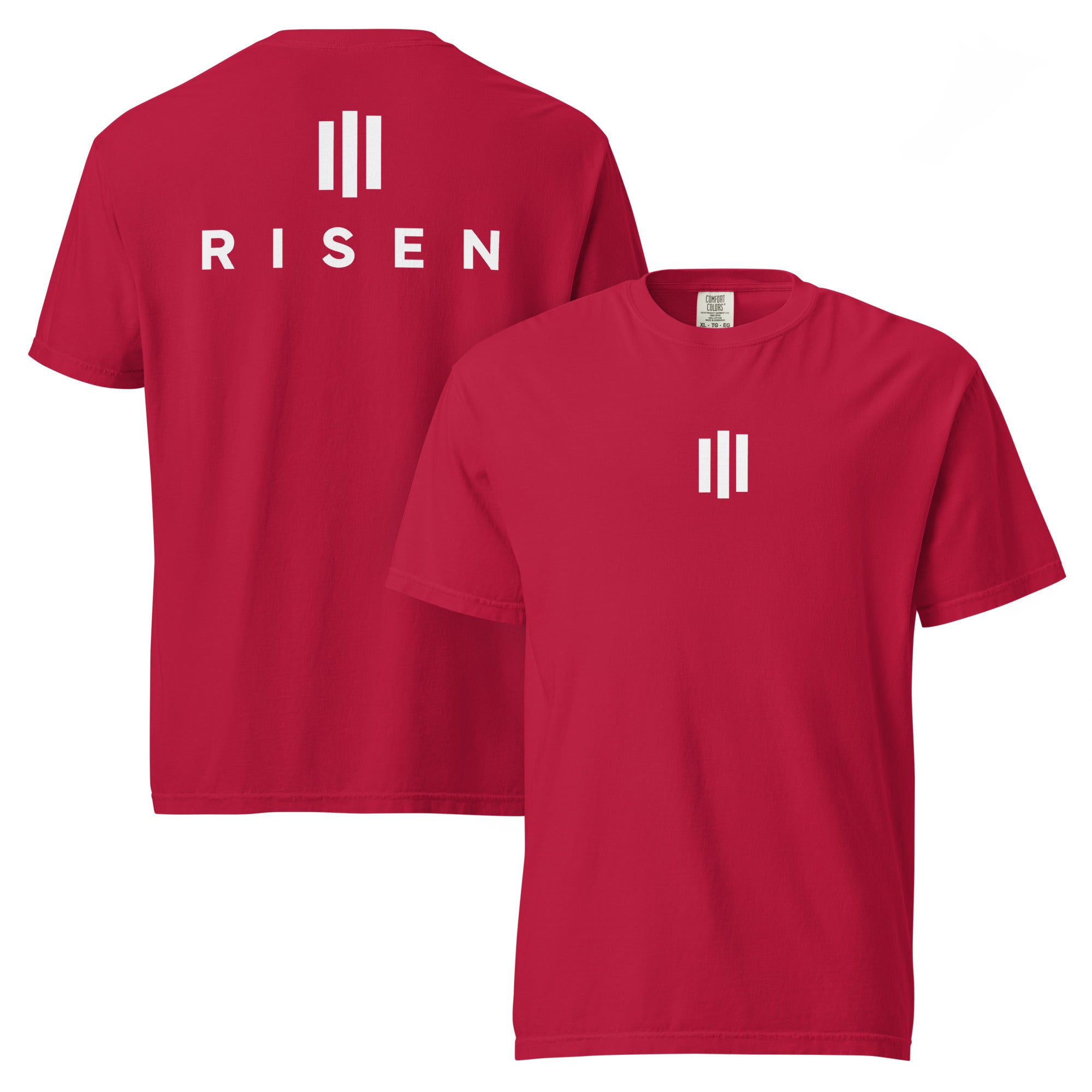Image of Risen Bible verse shirt red front and back view — Entrusted to Him
