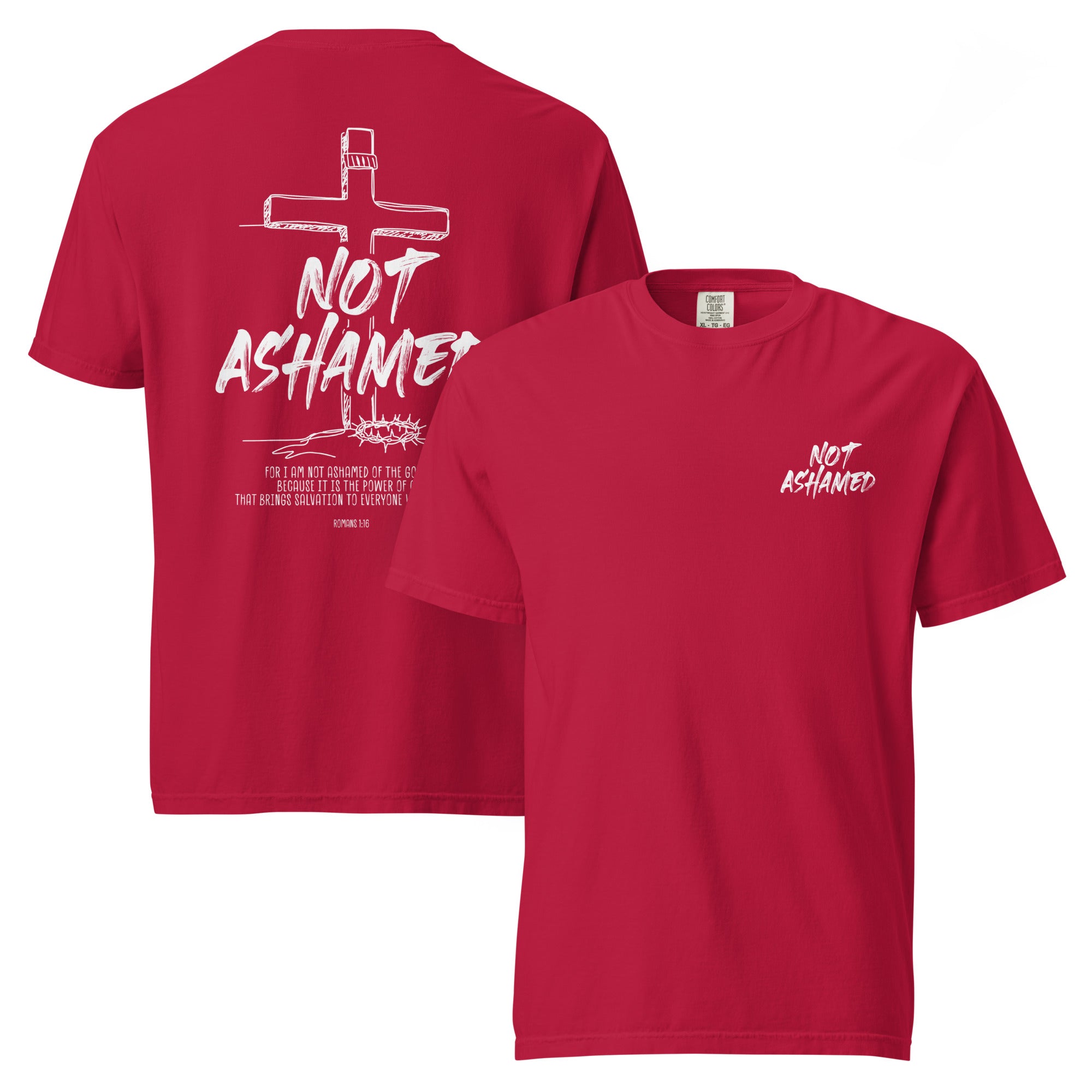 Image of Not Ashamed Christian graphic tee red front and back view — Entrusted to Him