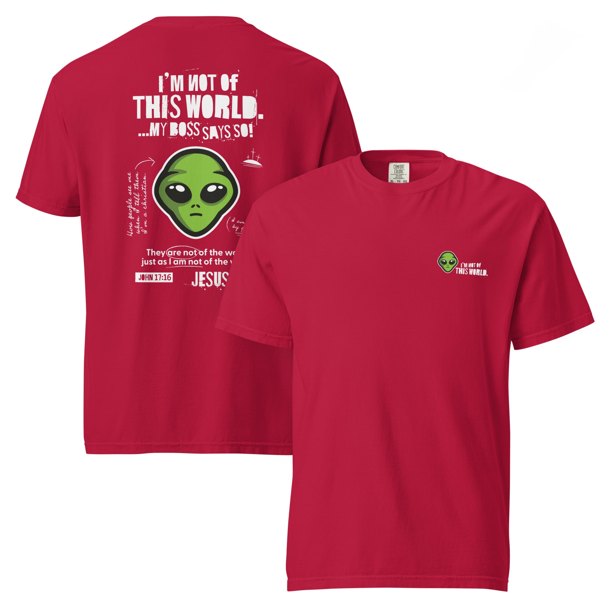 Image of Not From This World Christian t-shirt red front and back view — Entrusted to Him