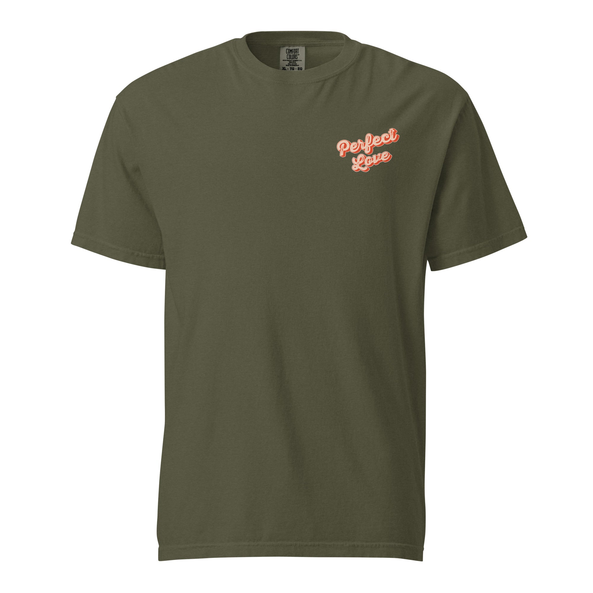 Image of Perfect Love Christian t-shirt sage front flat view — Entrusted to Him
