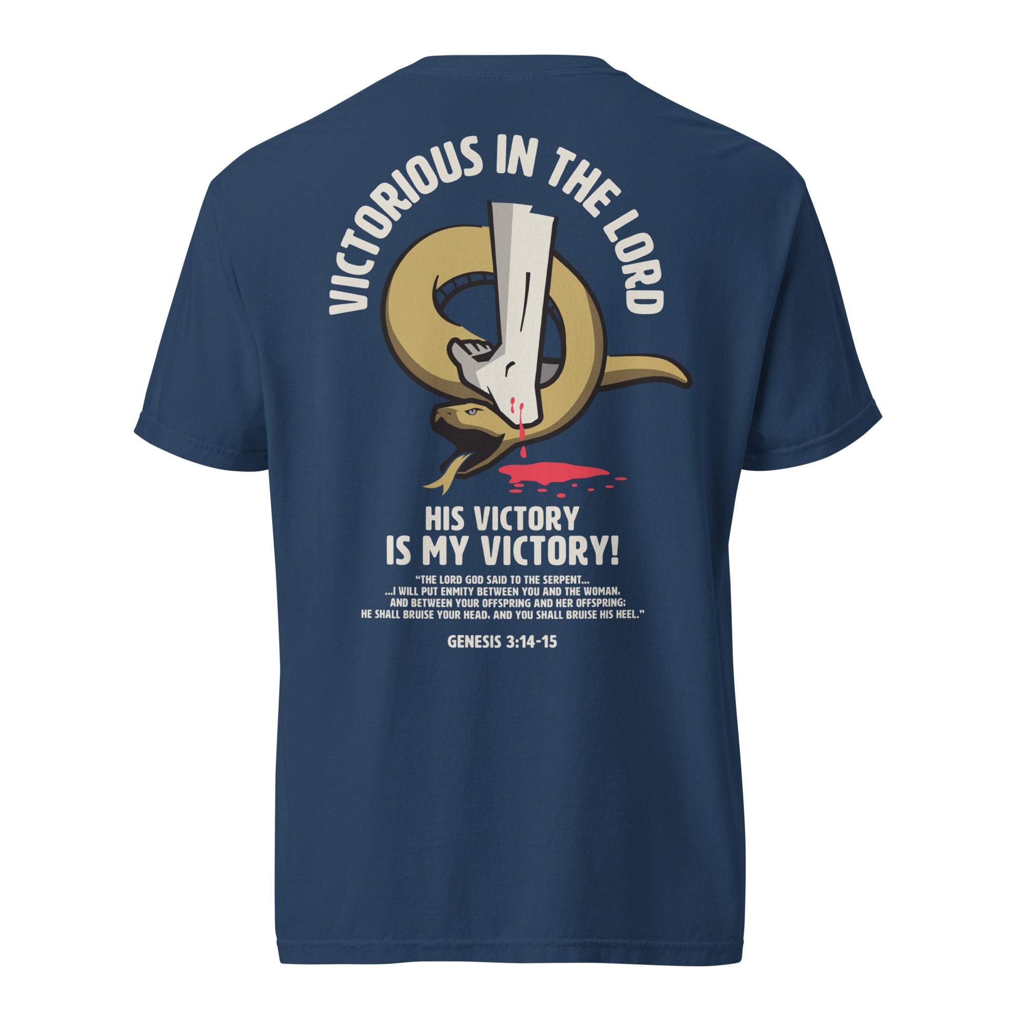 Image of Victorious Jesus shirt true navy back view — Entrusted to Him