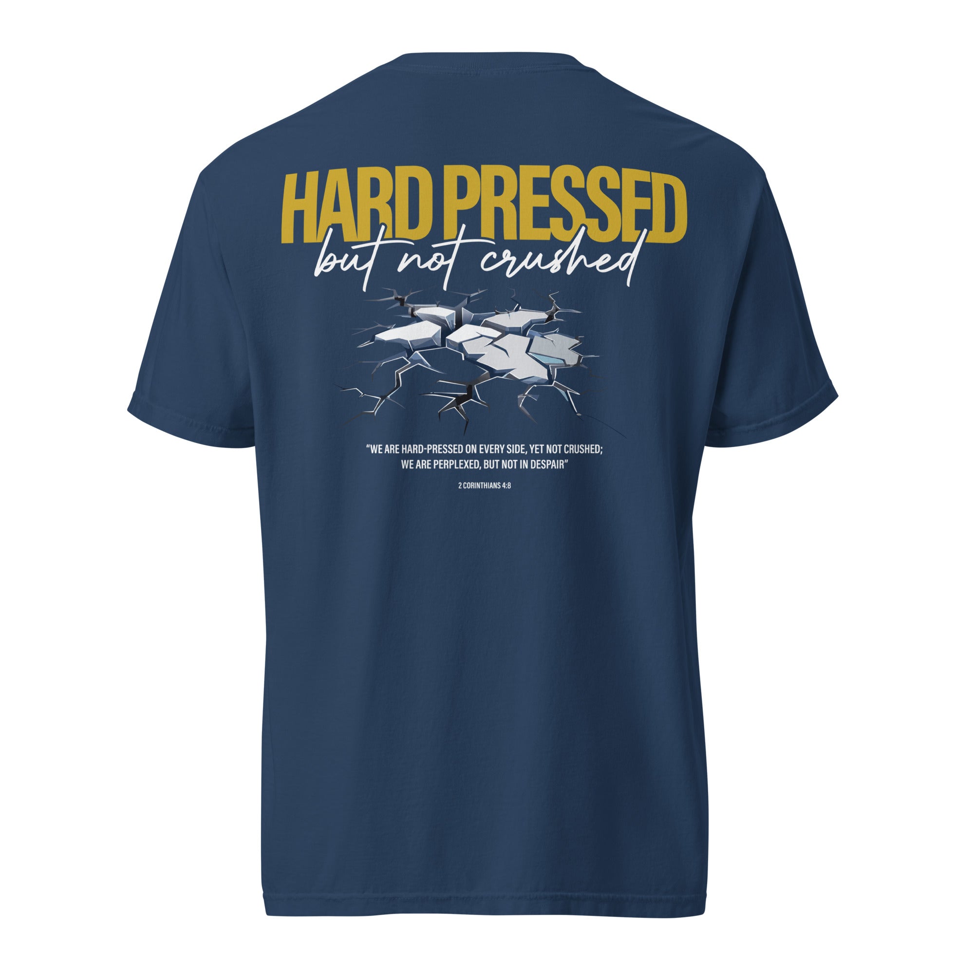 Image of Hard Pressed scripture t-shirt true navy back view — Entrusted to Him