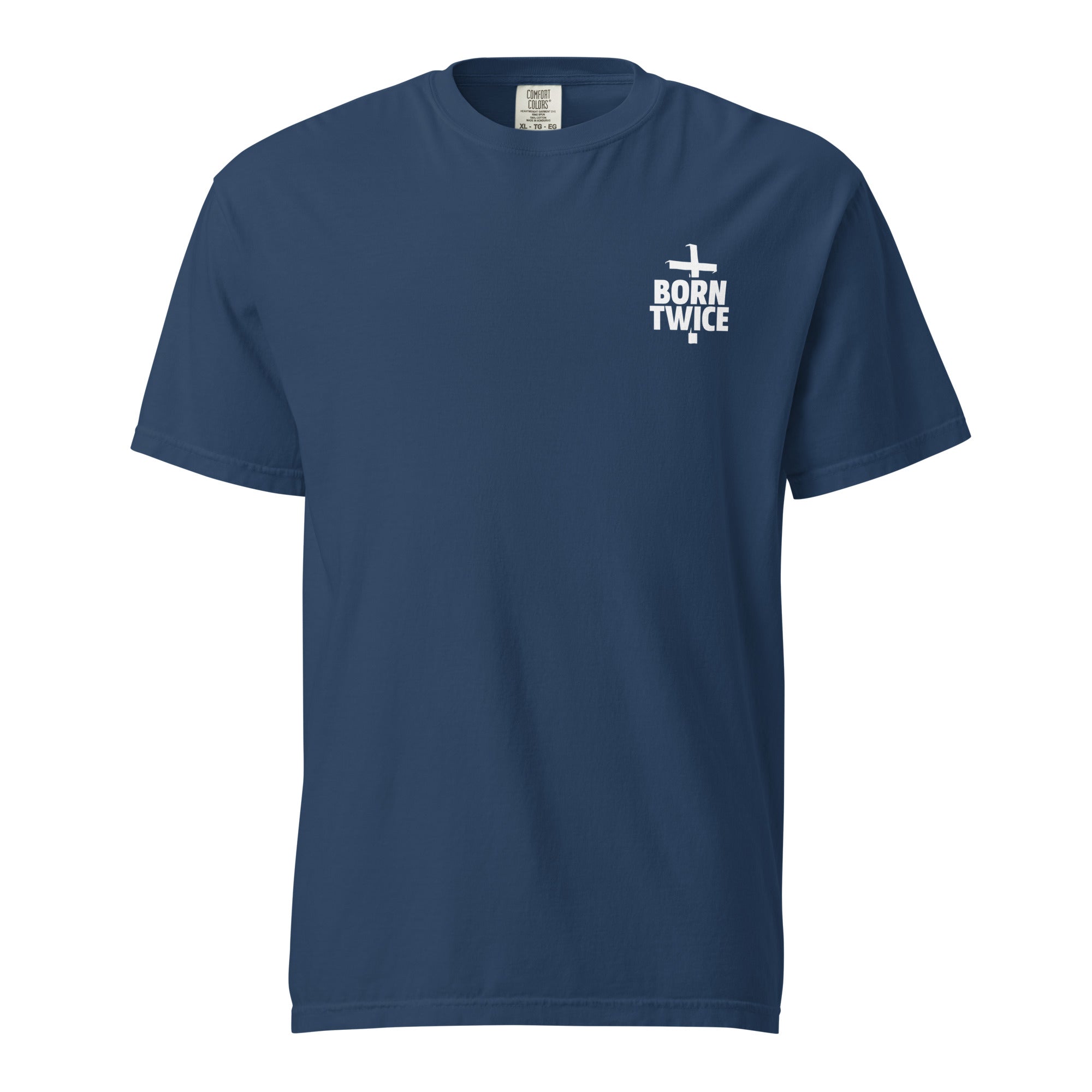 Image of Born Twice Christian t-shirt true navy front view — Entrusted to Him