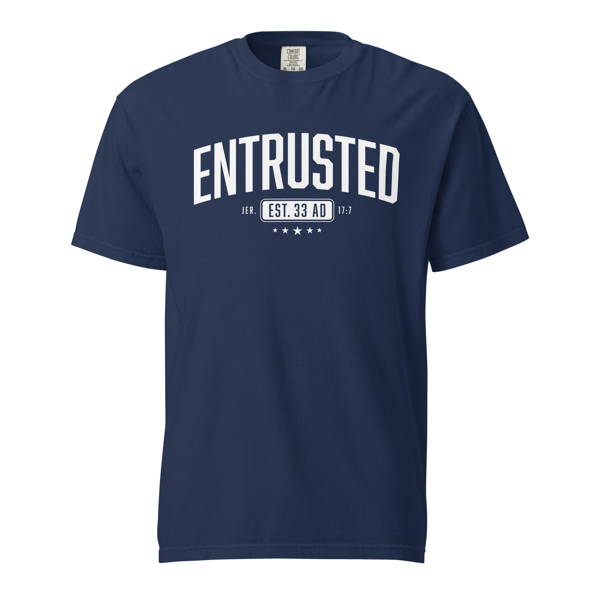 Entrusted Est. 33AD Jesus t-shirt true navy front view — Entrusted to Him