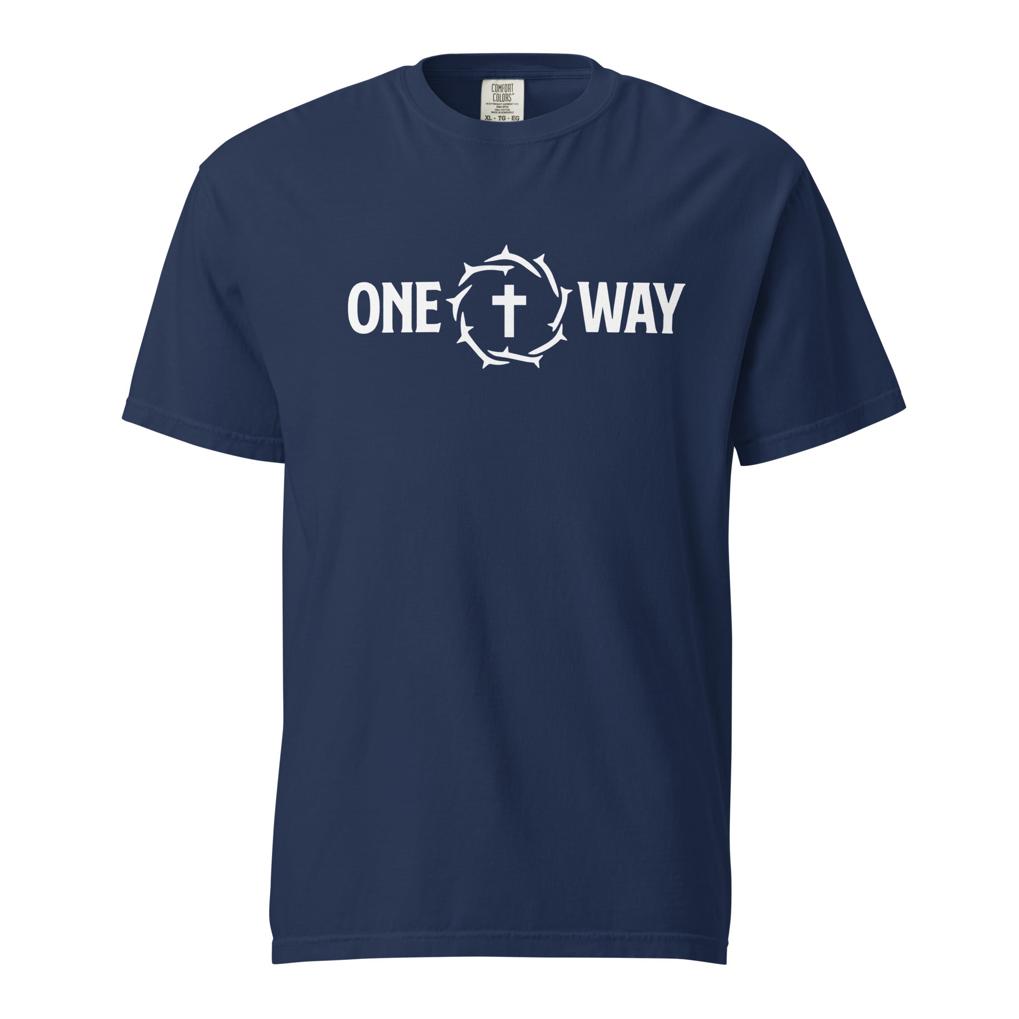 Image of One Way heavyweight t-shirt in true navy with cross and crown of thorns design, front view