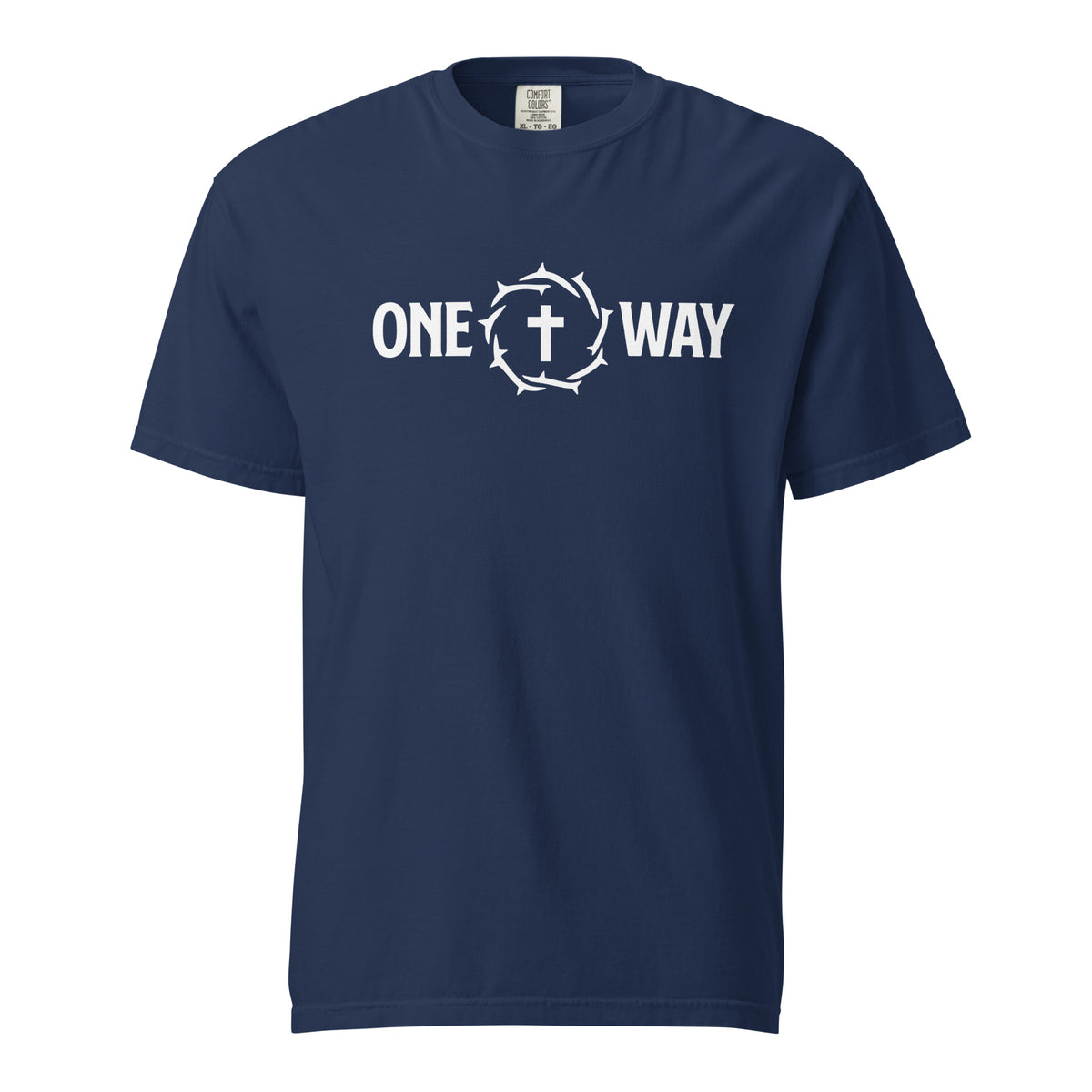 One Way heavyweight t-shirt in true navy with cross and crown of thorns design, front view