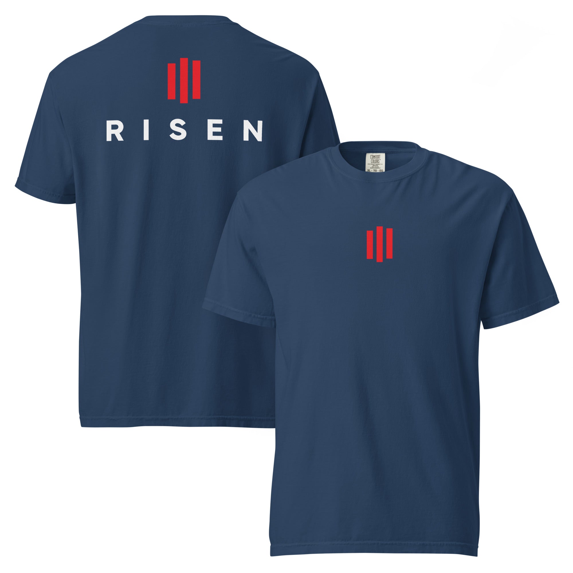 Image of Risen Christian graphic tee true navy front and back view — Entrusted to Him