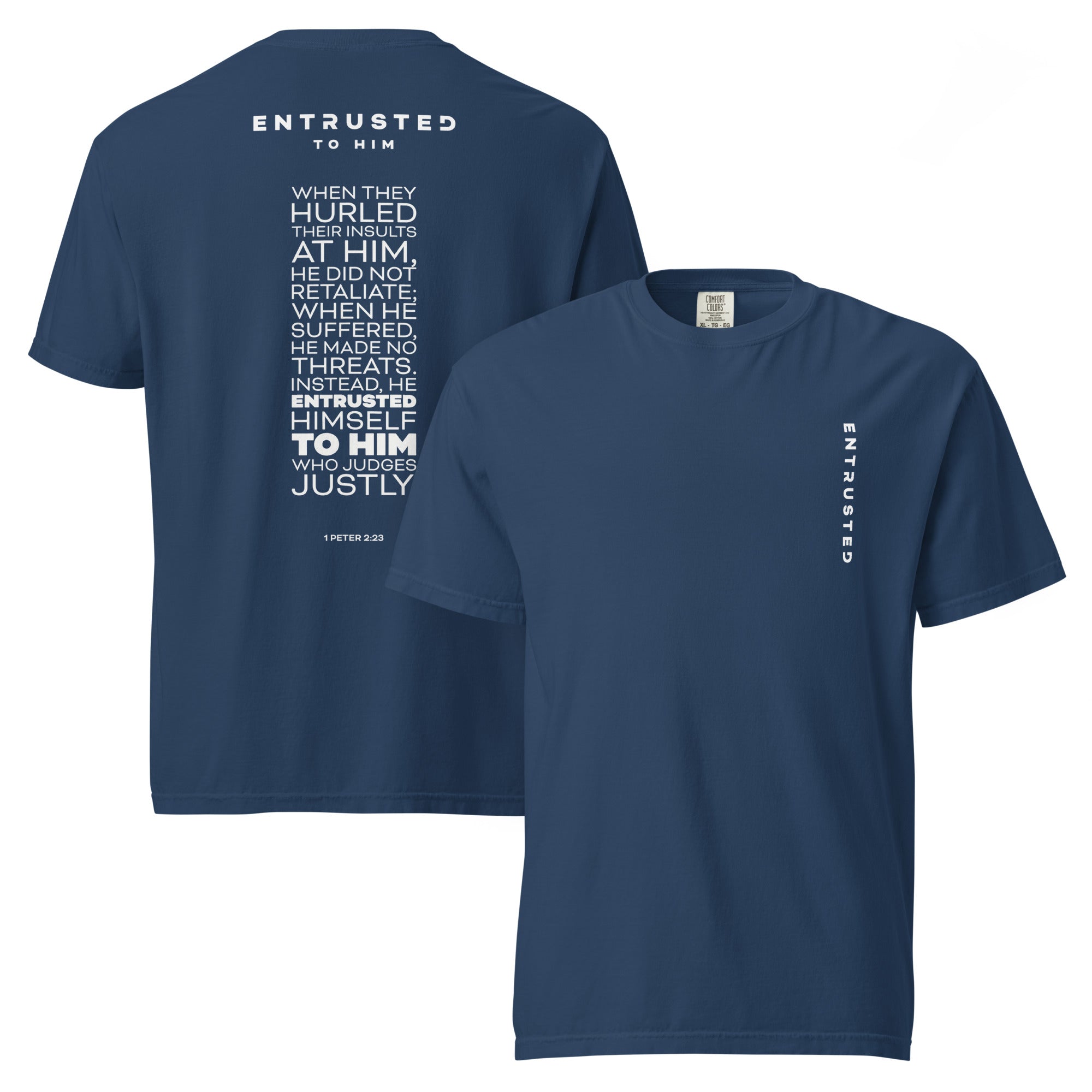 Image of Entrusted Christian clothing true navy front and back view — Entrusted to Him