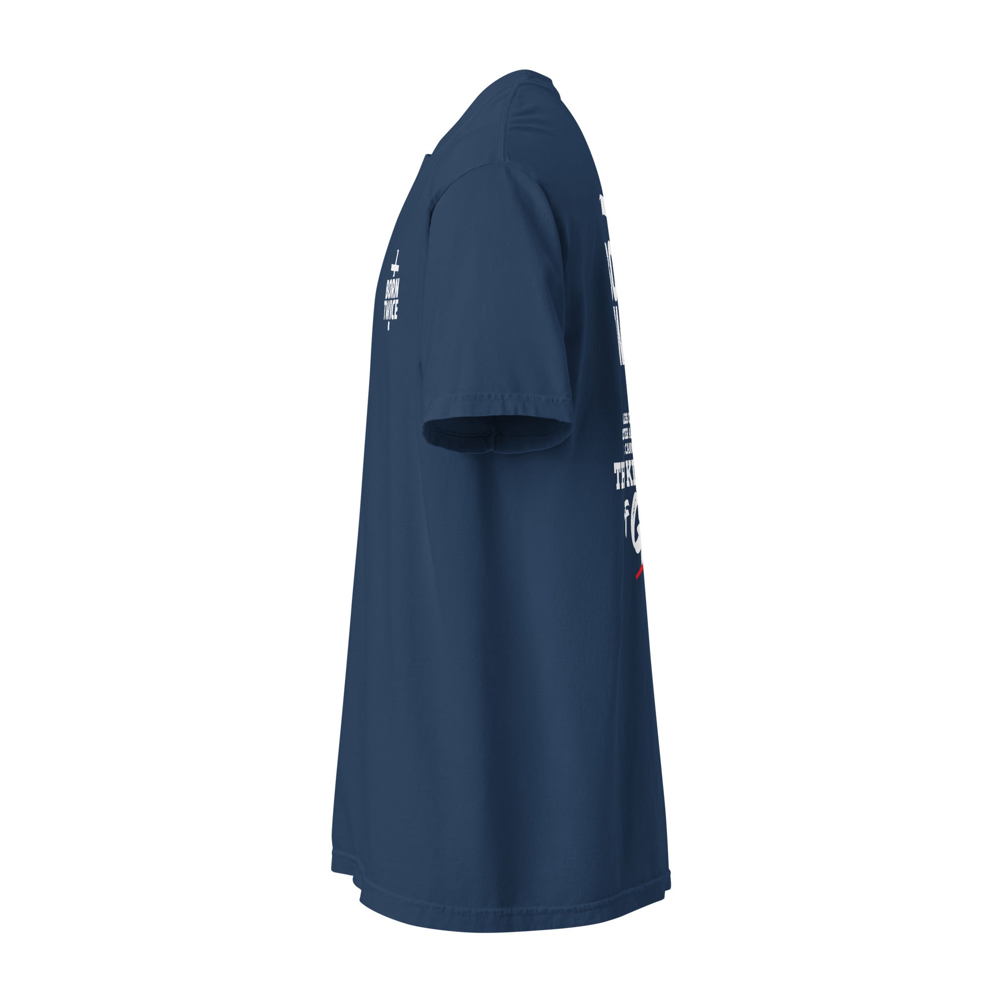 Image of Born Twice scripture t-shirt true navy left side view — Entrusted to Him