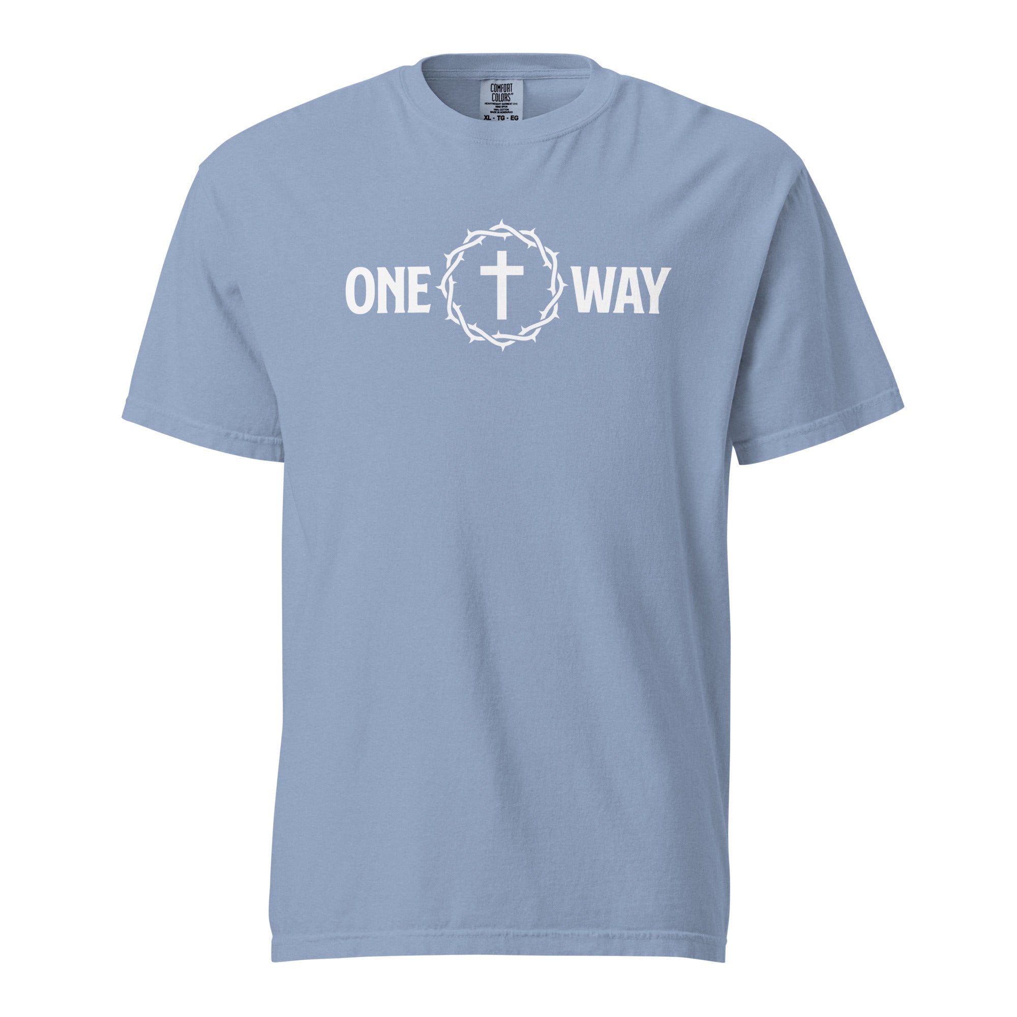 Image of One Way Jesus shirt washed denim front view — Entrusted to Him