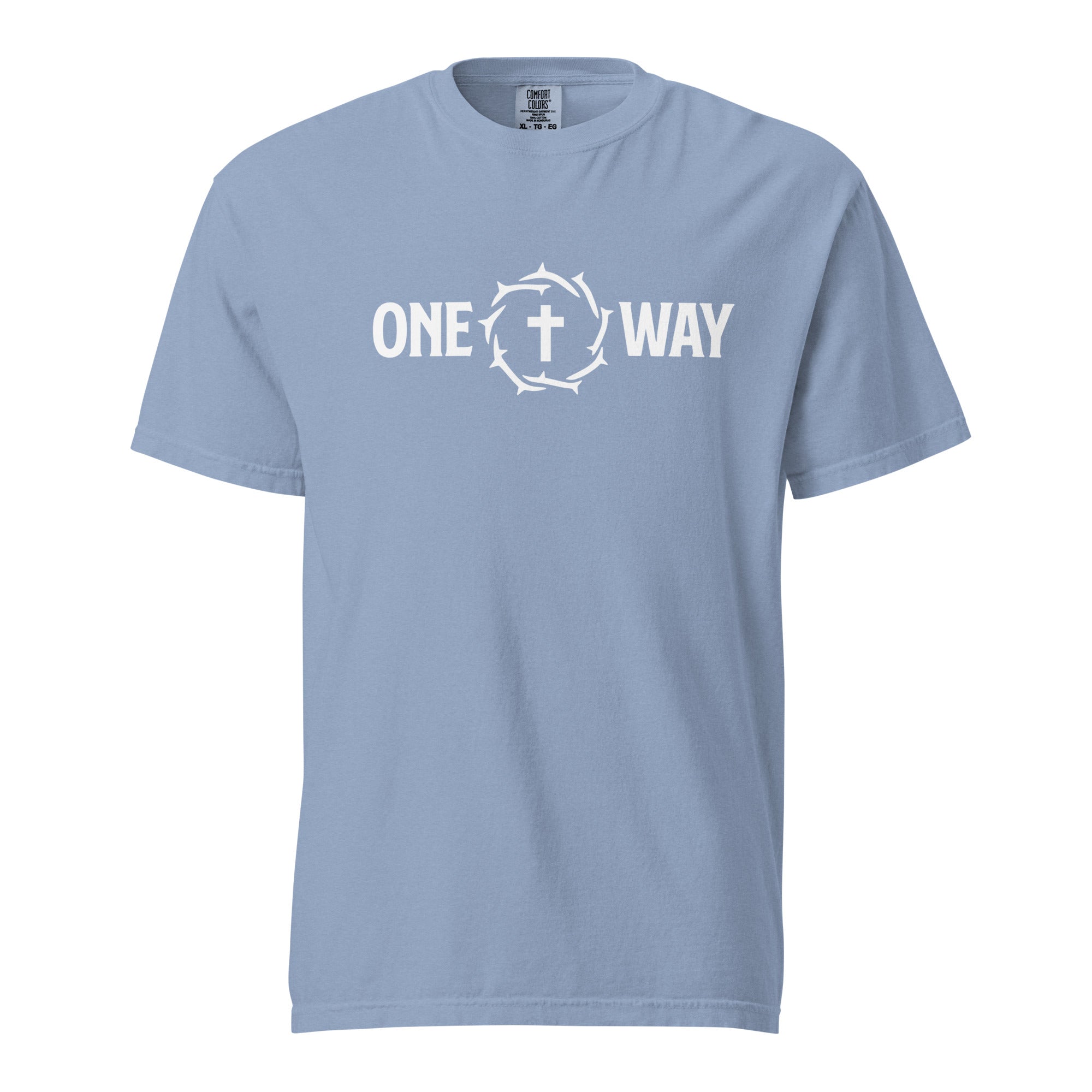 Image of One Way heavyweight t-shirt in washed denim with cross and crown of thorns design, front view