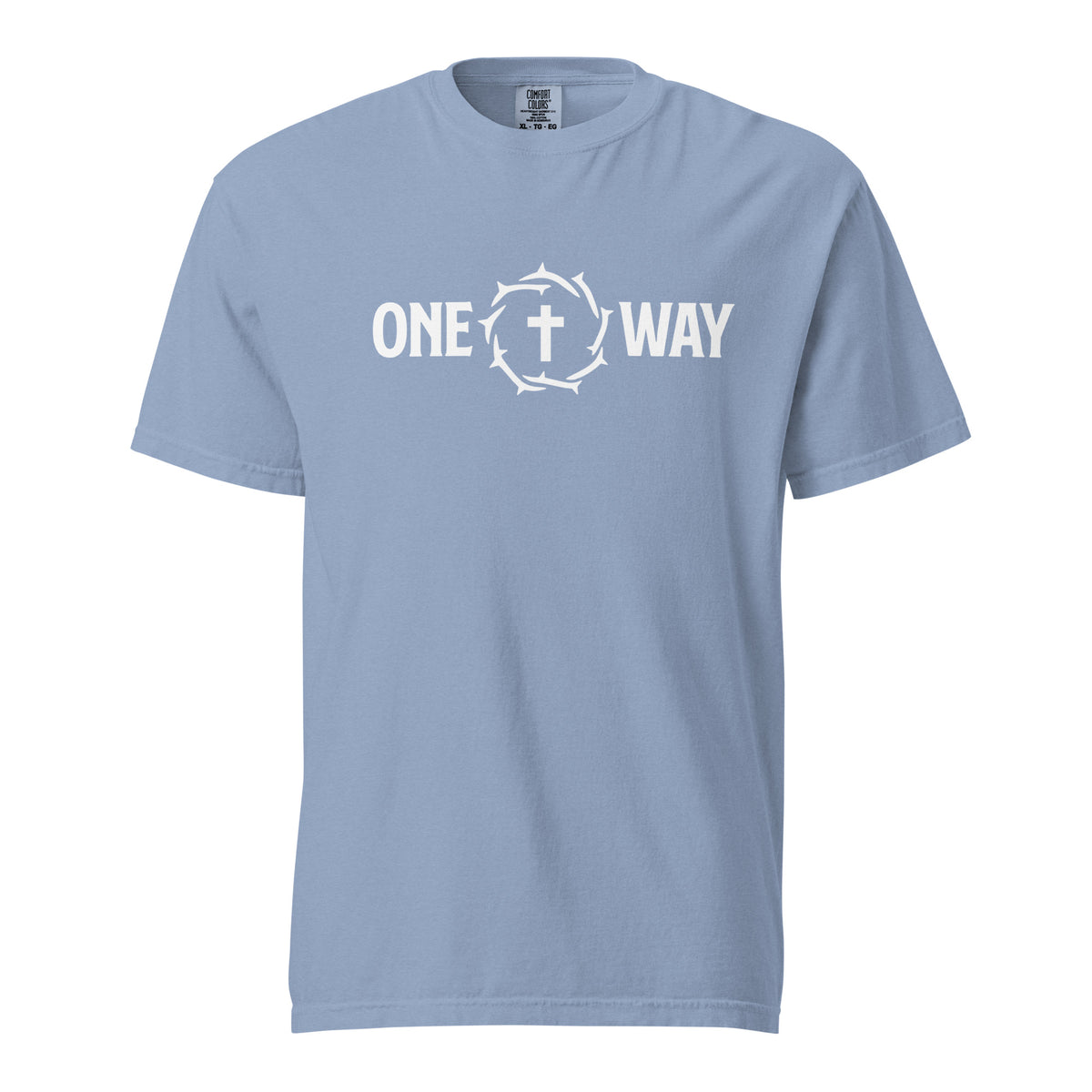 One Way heavyweight t-shirt in washed denim with cross and crown of thorns design, front view