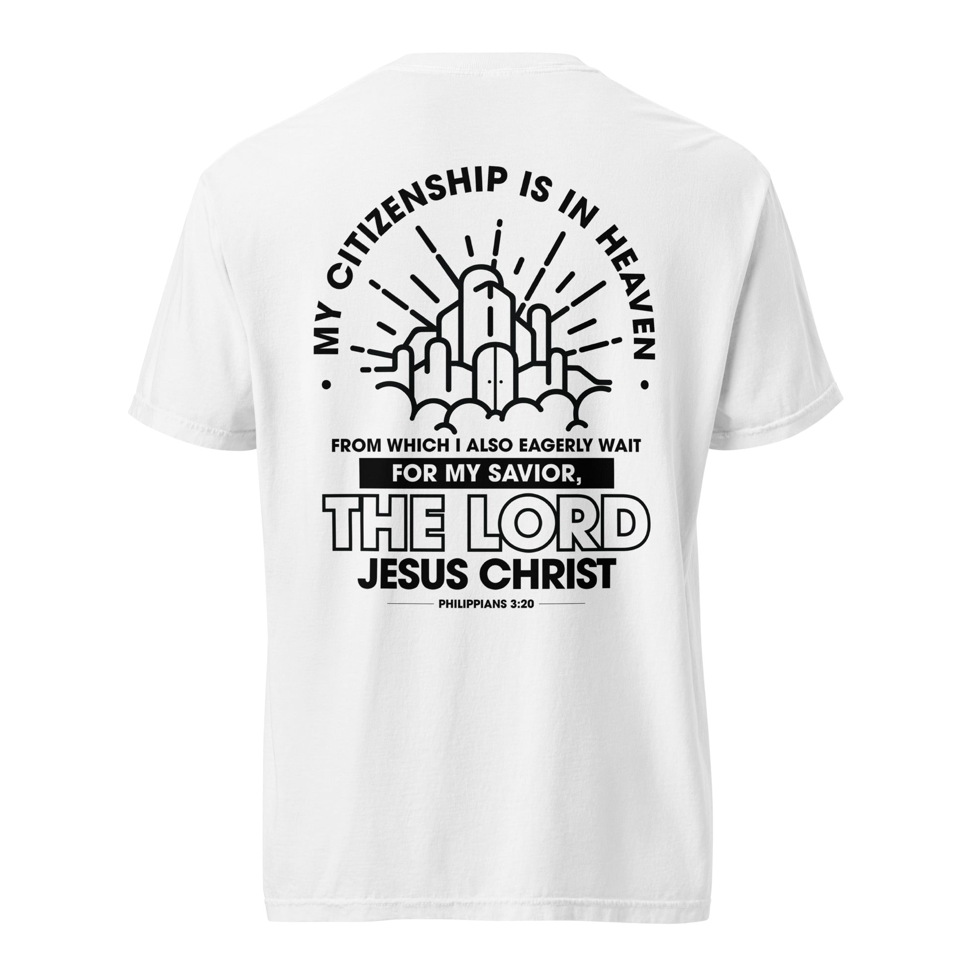 Image of Citizen of Heaven Christian t-shirt white back view — Entrusted to Him