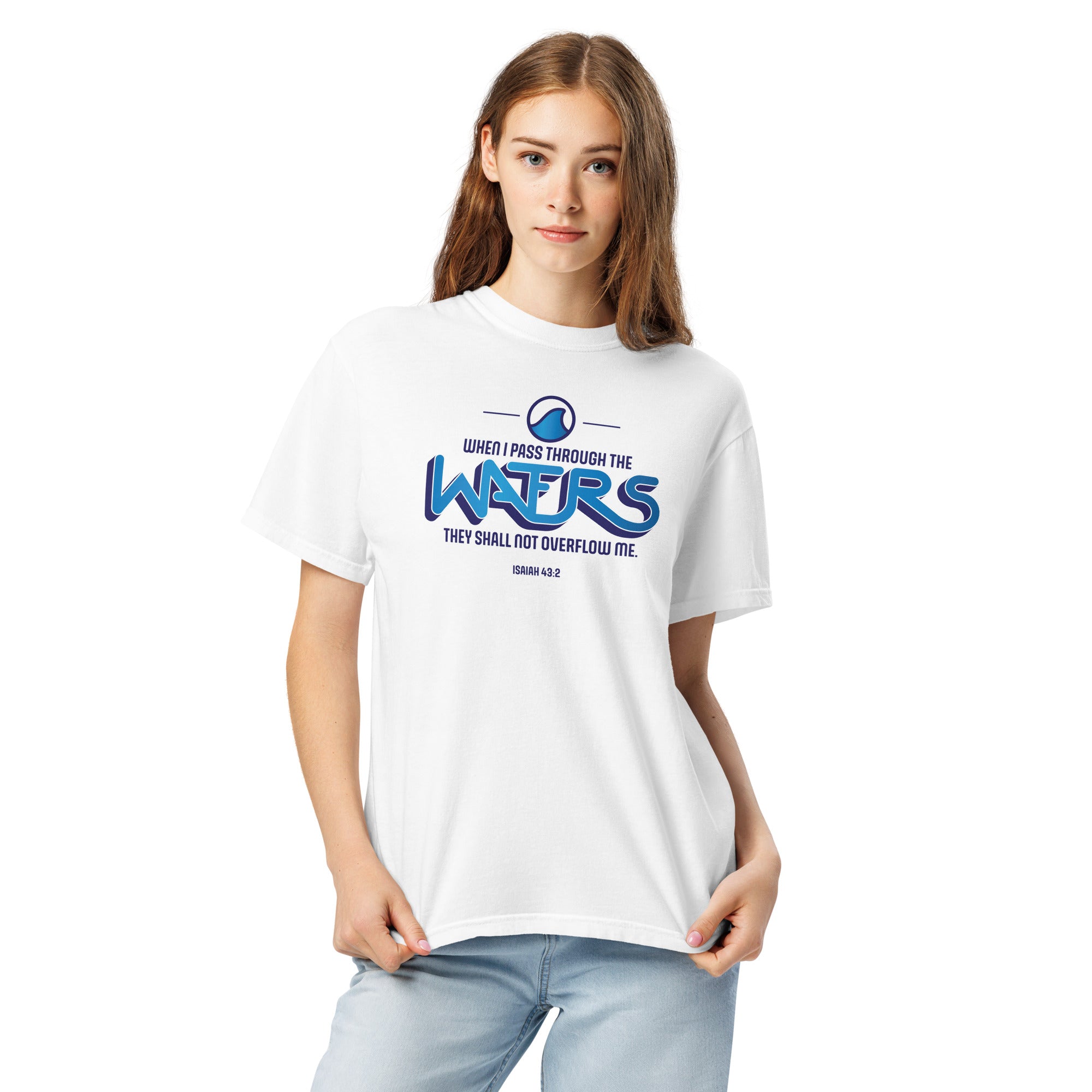Image of Waters Christian t-shirt for men and women white front lifestyle view — Entrusted to Him