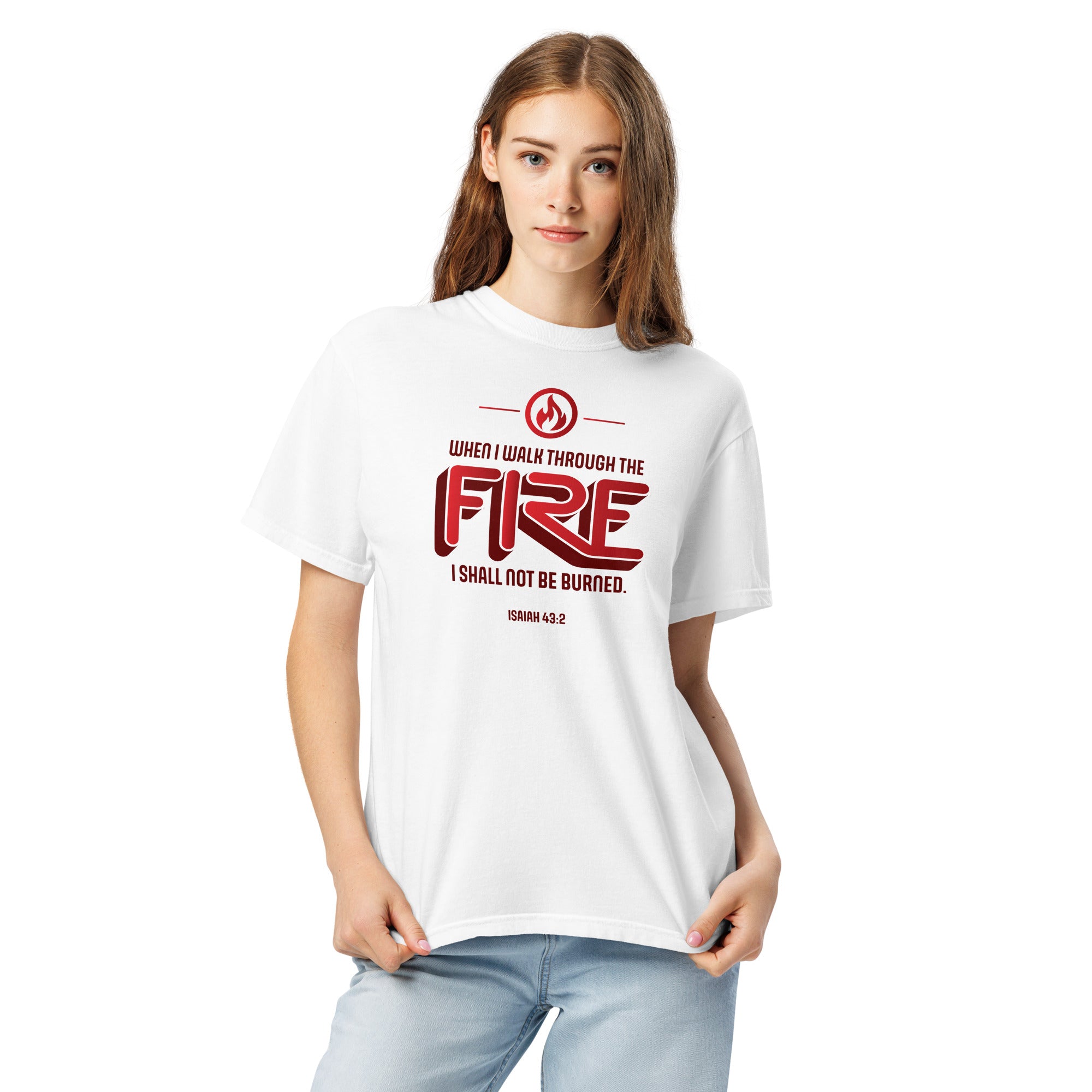 Image of Fire Bible verse shirt Christian apparel white front detail view — Entrusted to Him