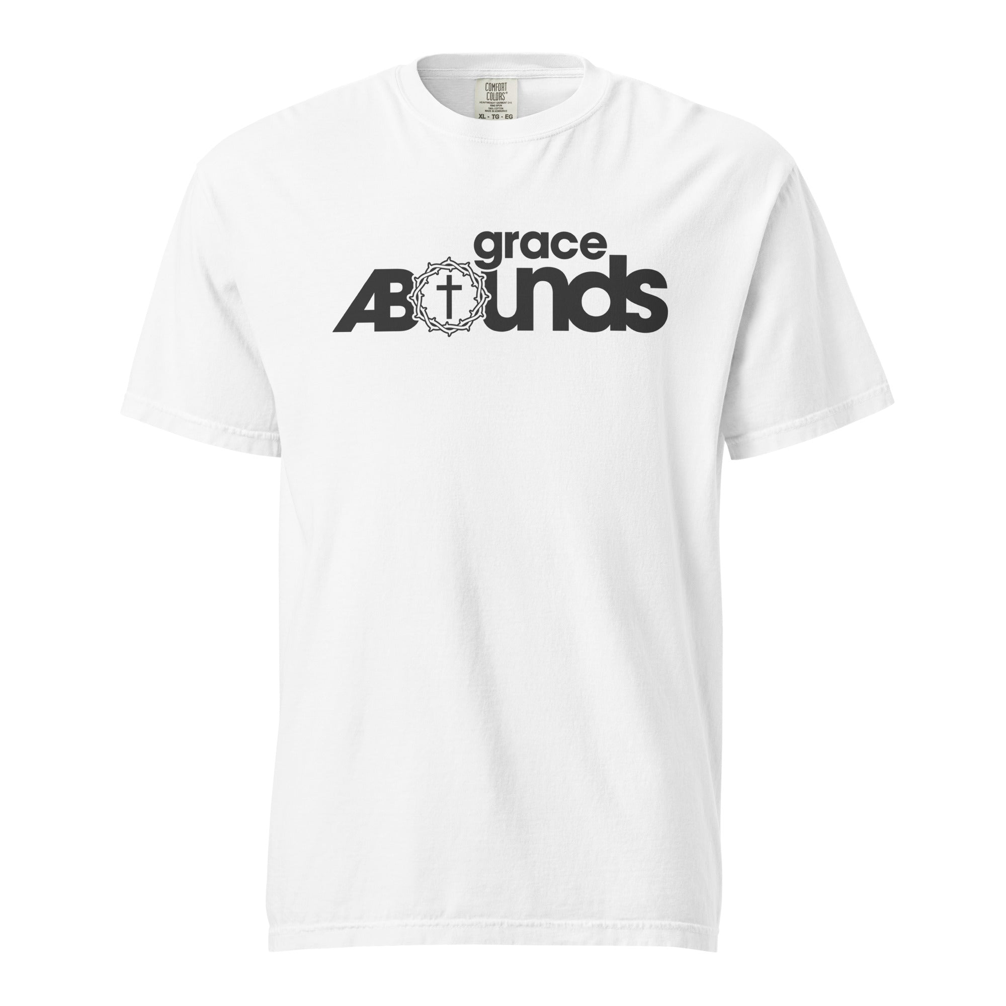 Image of Grace Abounds Christian t-shirt white front view — Entrusted to Him