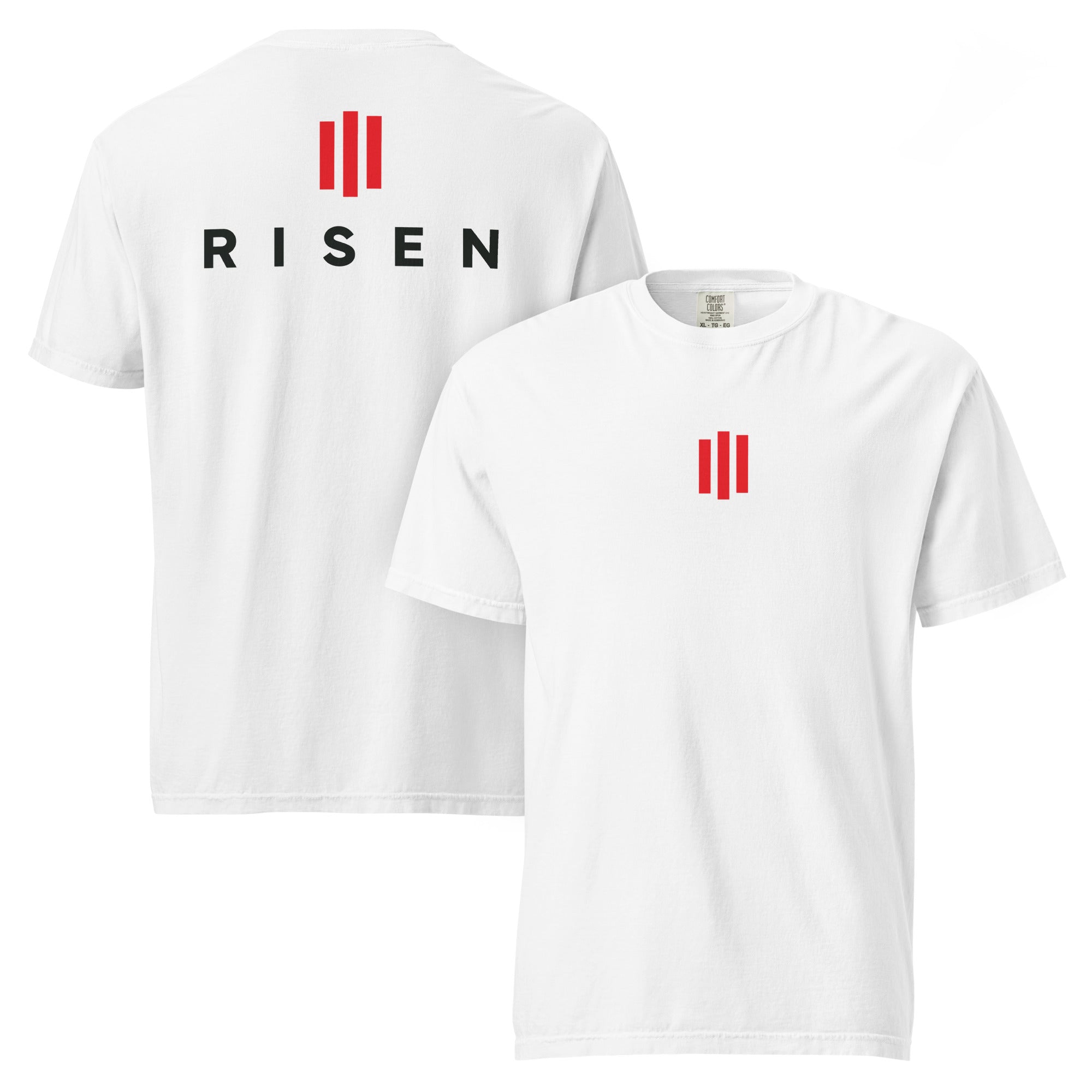 Image of Risen Christian t-shirts for men white front and back view — Entrusted to Him