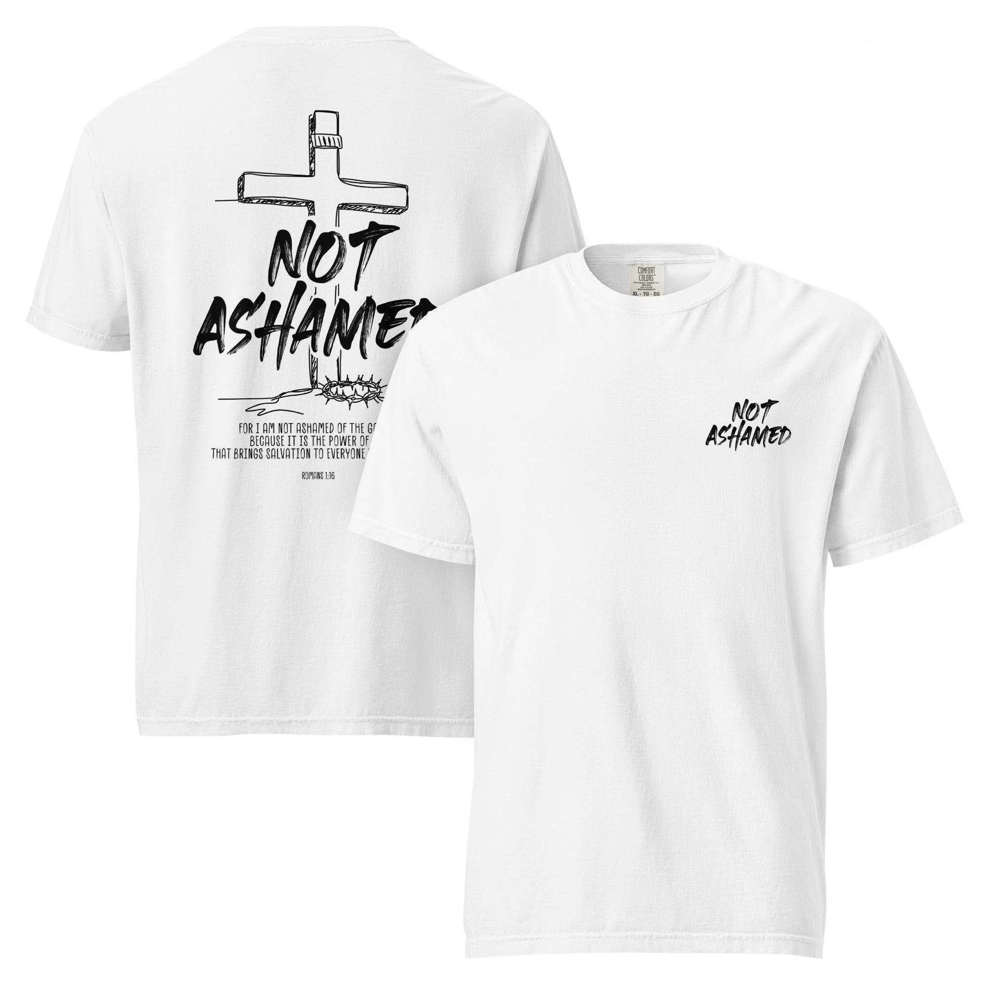 Image of Not Ashamed Jesus shirt white front and back view — Entrusted to Him
