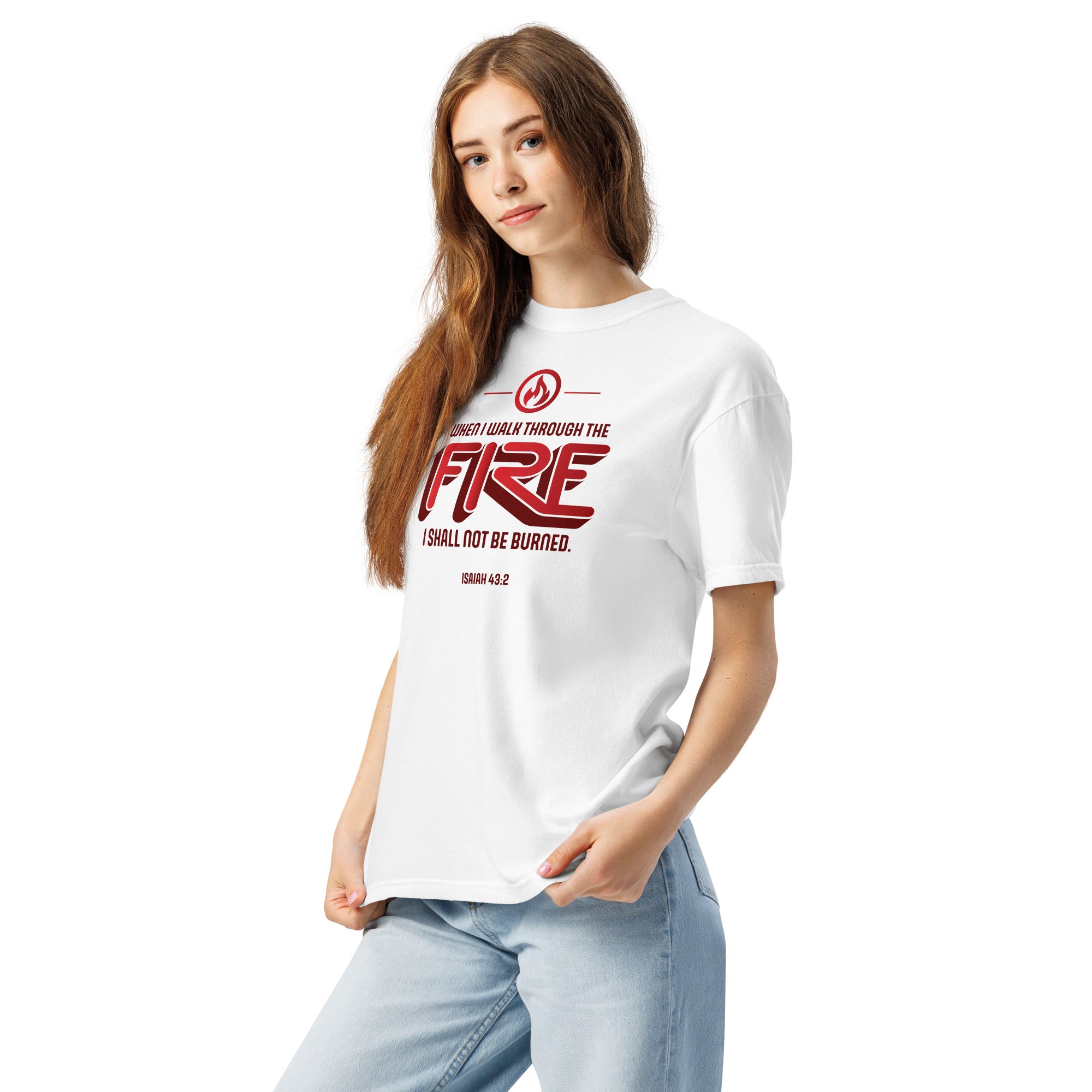 Image of Fire Jesus shirt Christian graphic tee white left front view — Entrusted to Him