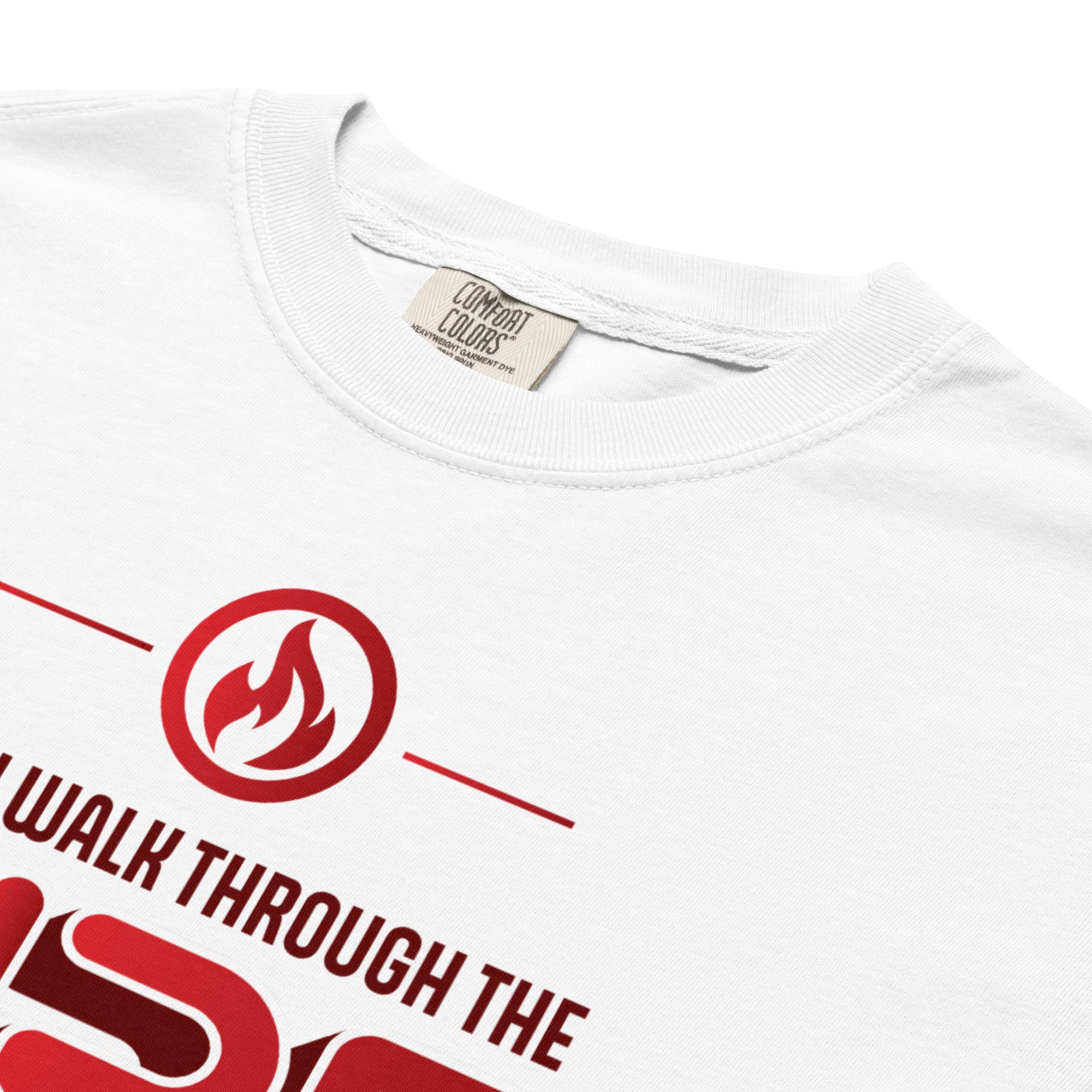 Image of Fire Christian graphic tee white close-up detail — Entrusted to Him