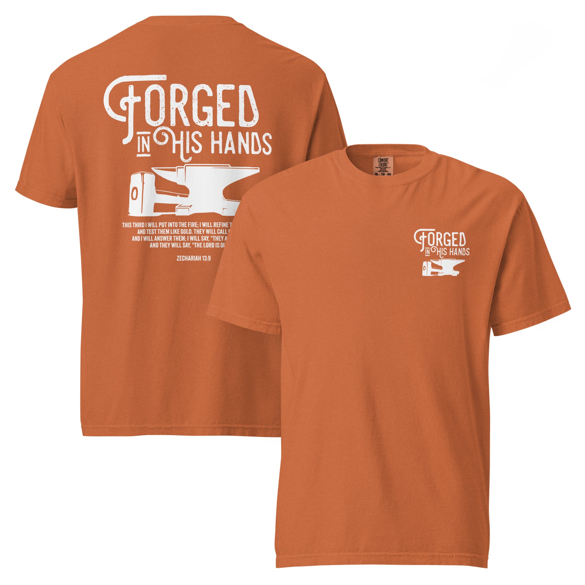 Forged in His Hands Jesus shirt yam front and back view — Entrusted to Him