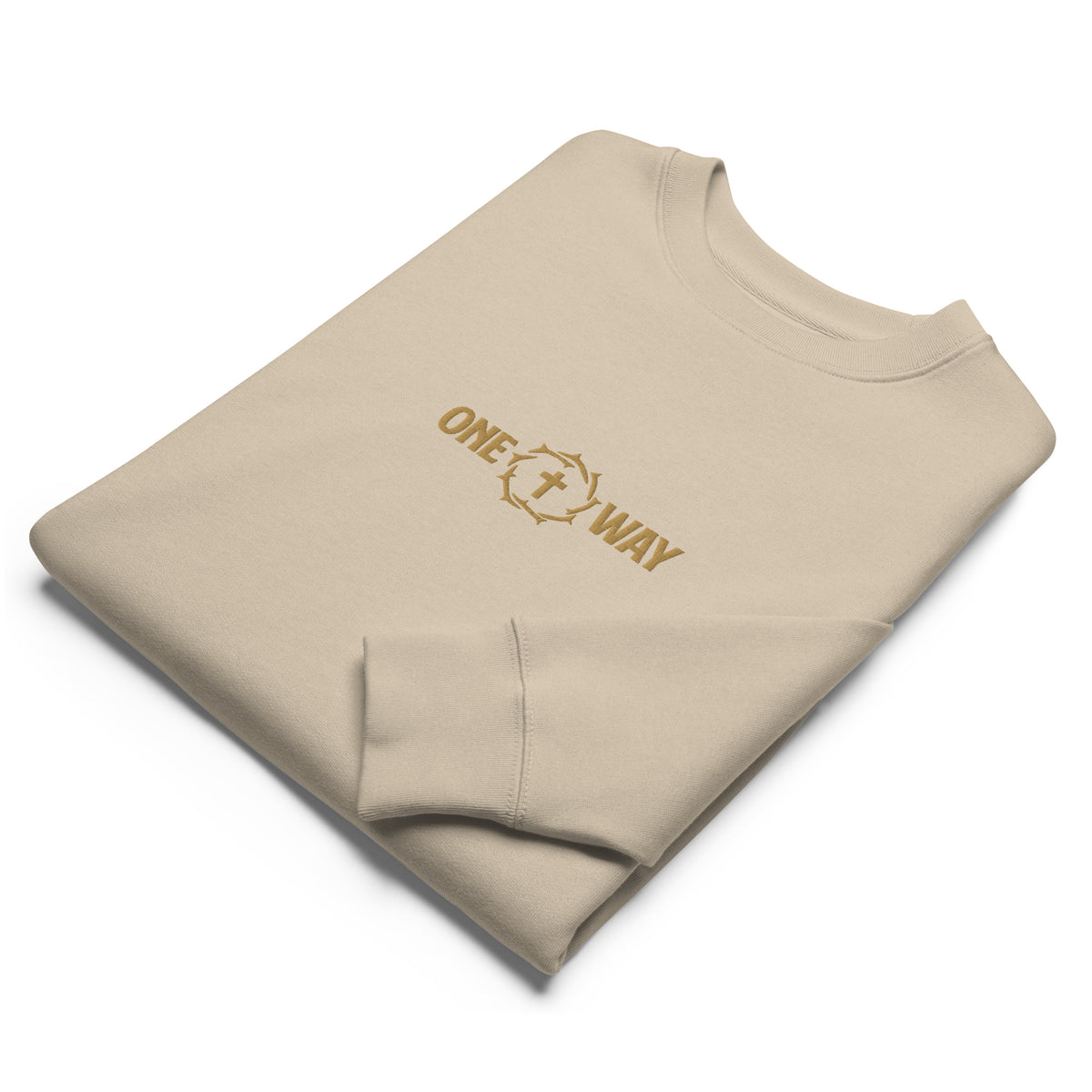 Folded One Way embroidered sweatshirt in desert dust showing the cross and crown of thorns design