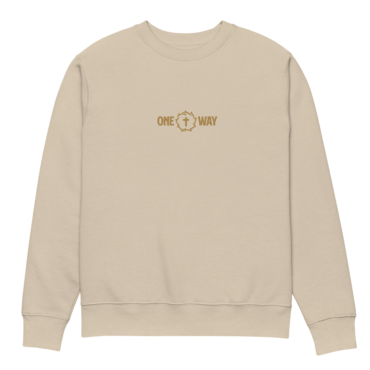 One Way embroidered sweatshirt in desert dust with cross and crown of thorns design, front view