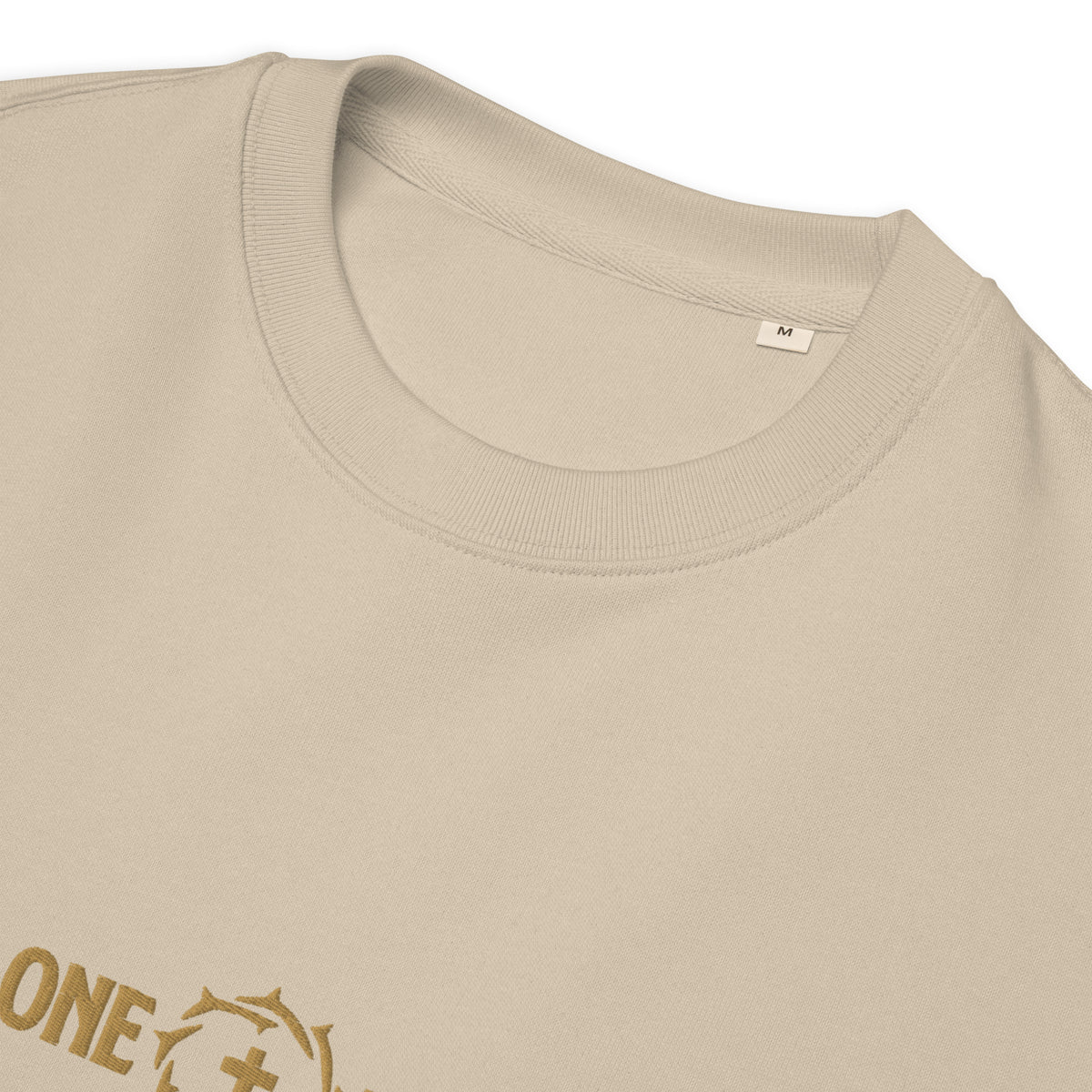 Close-up of the neckline and collar on the One Way embroidered sweatshirt in desert dust