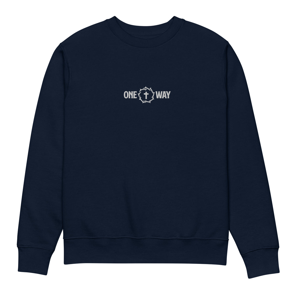 One Way embroidered sweatshirt in French navy with cross and crown of thorns design, front view