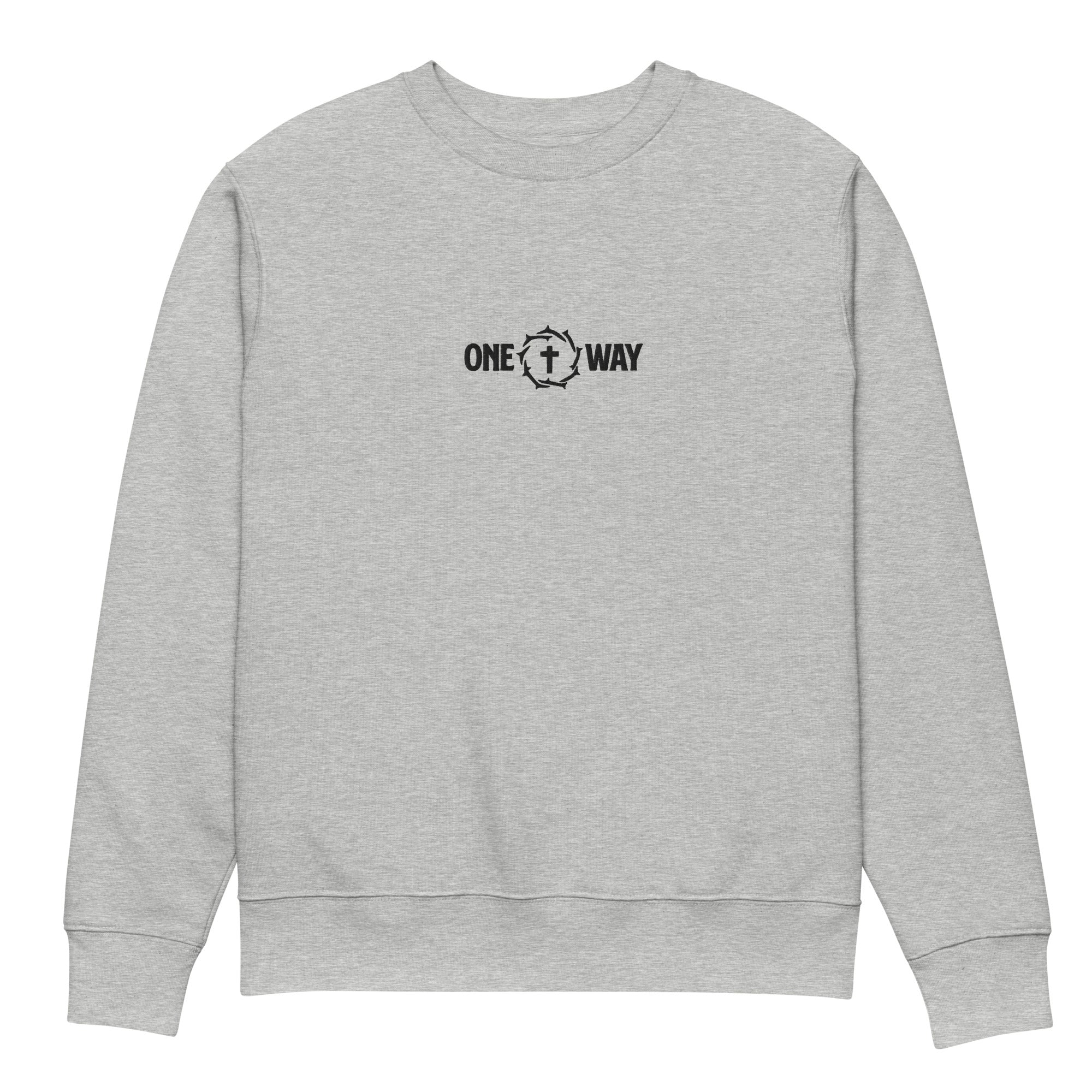Image of One Way embroidered sweatshirt in heather grey with cross and crown of thorns design, front view