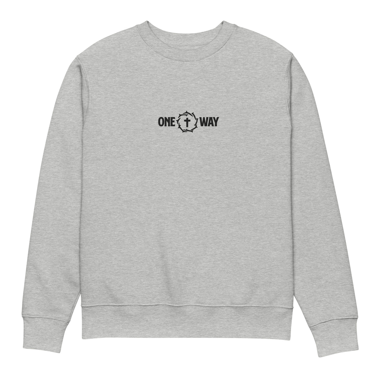 One Way embroidered sweatshirt in heather grey with cross and crown of thorns design, front view