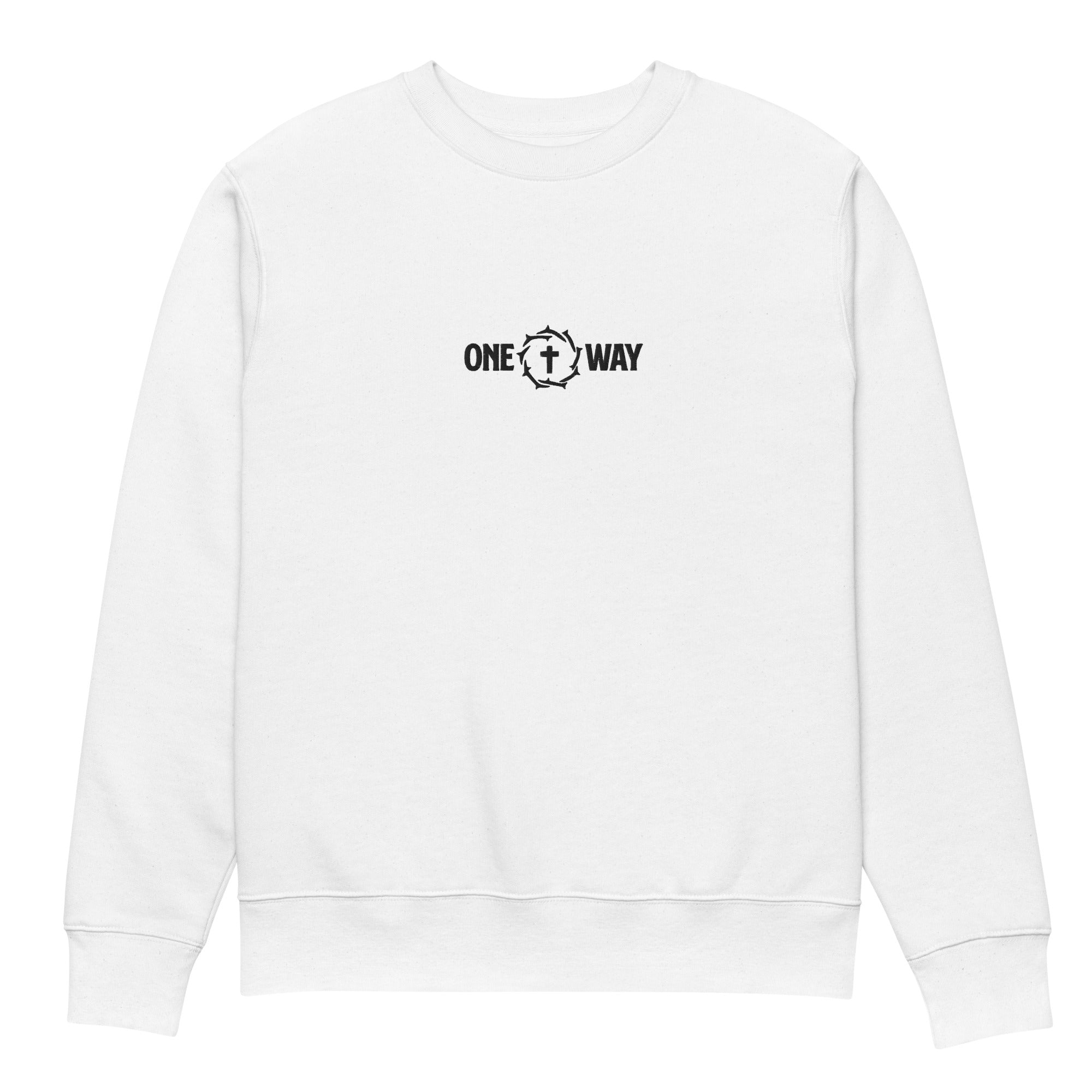 Image of One Way embroidered sweatshirt in white with cross and crown of thorns design, front view