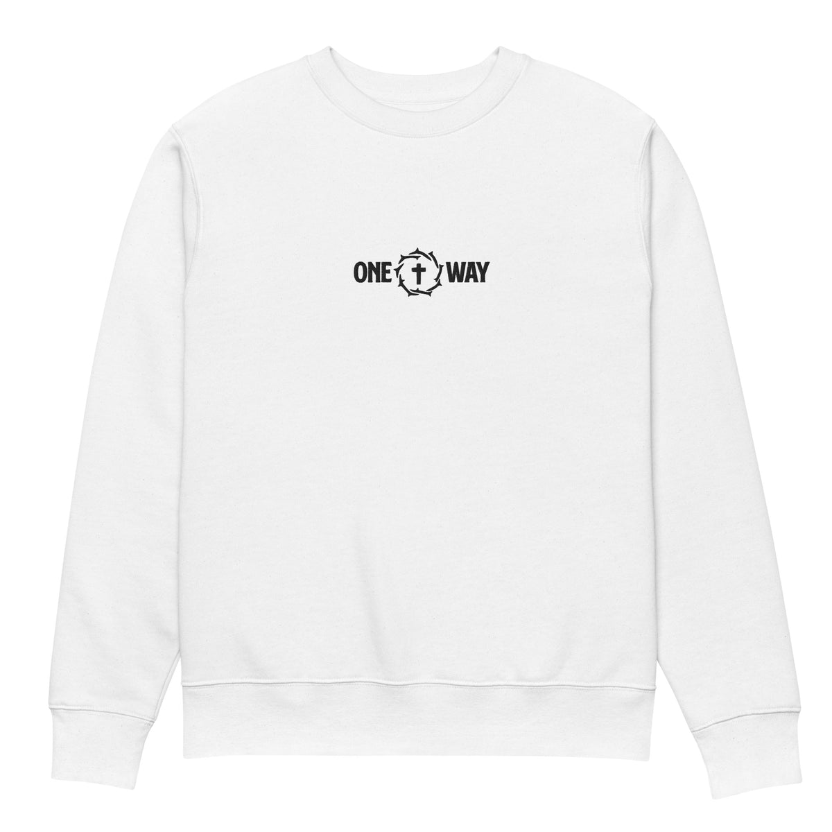 One Way embroidered sweatshirt in white with cross and crown of thorns design, front view