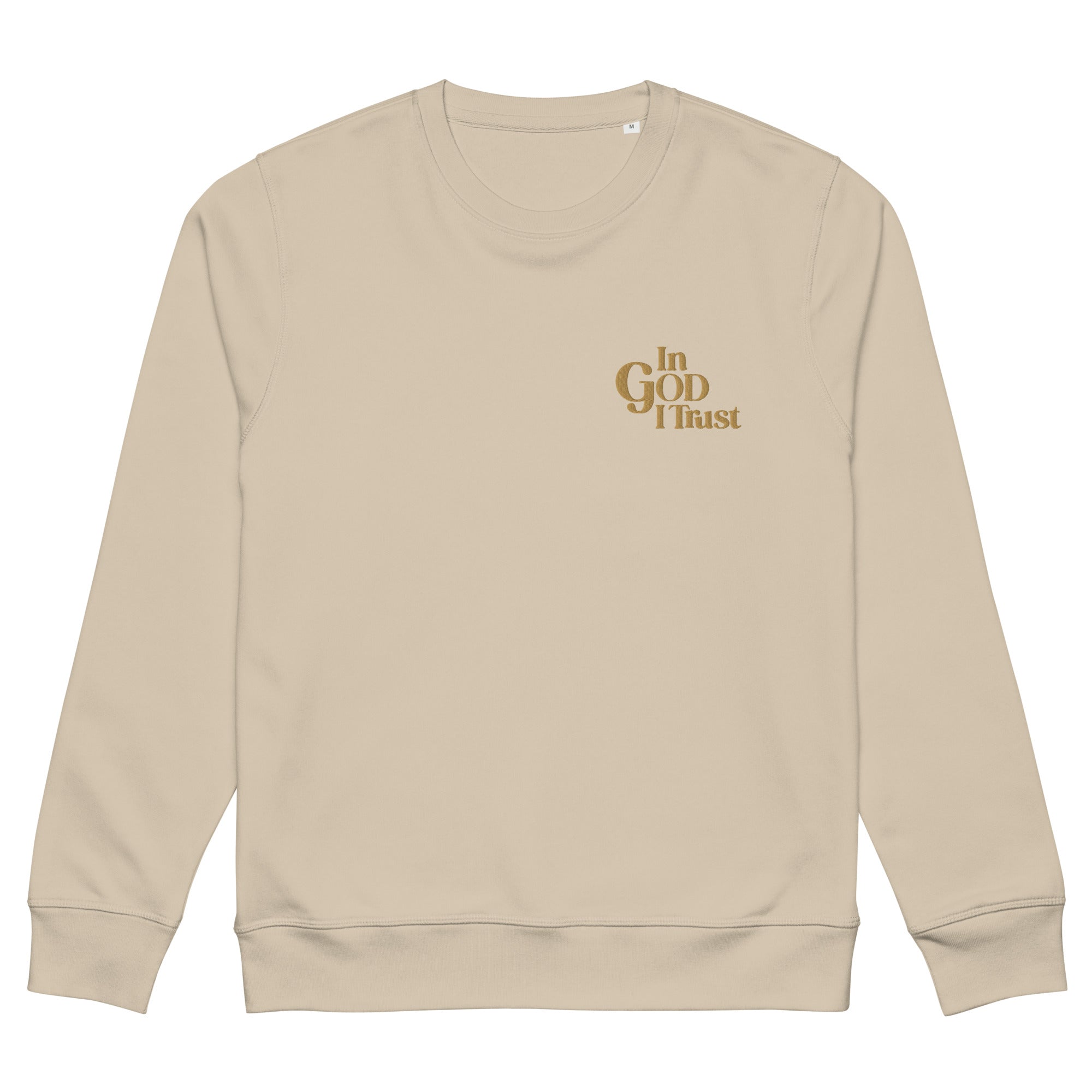 Image of Desert Dust crewneck sweatshirt, front view, small gold In GOD I Trust embroidered on the left chest