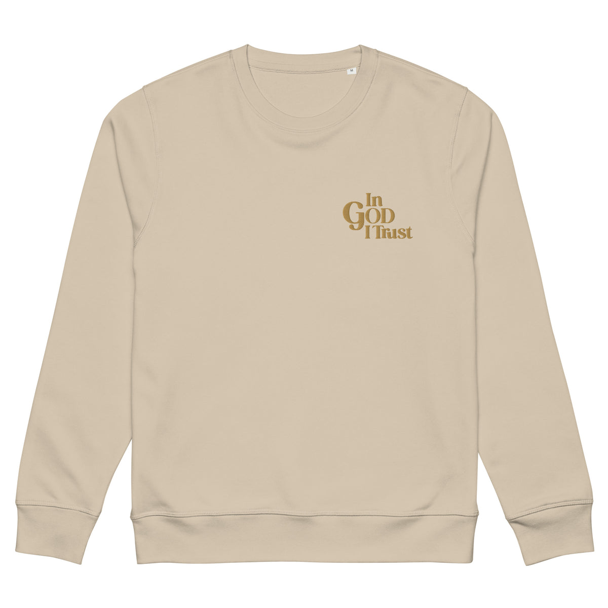 Desert Dust crewneck sweatshirt, front view, small gold In GOD I Trust embroidered on the left chest