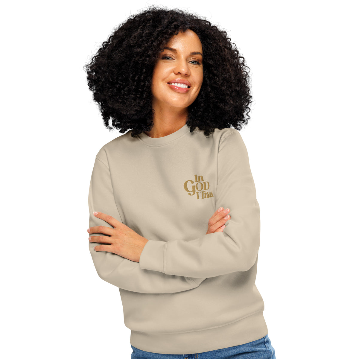 Woman wearing the Desert Dust sweatshirt with small gold In GOD I Trust embroidery on the left chest