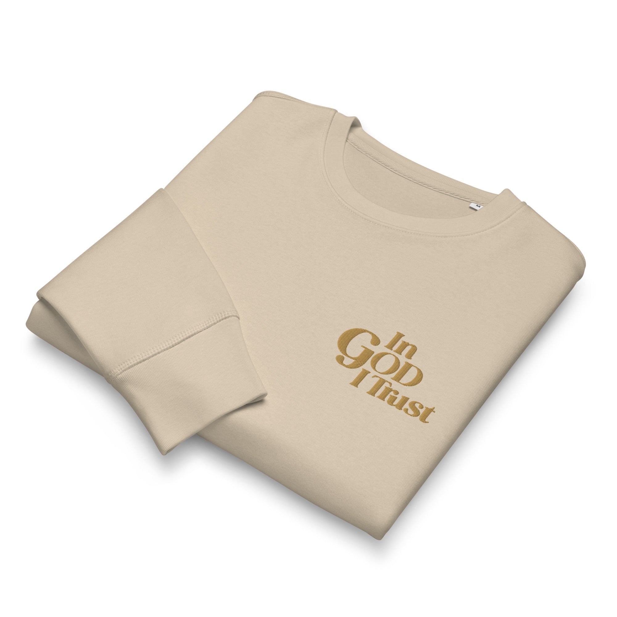 Image of Desert Dust sweatshirt folded, gold In GOD I Trust embroidery on the chest