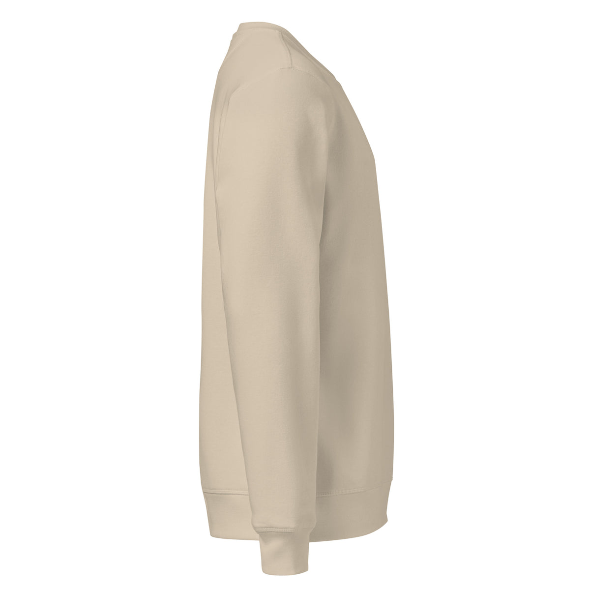 Side view of the Desert Dust sweatshirt showing the plain sleeve and ribbed cuff